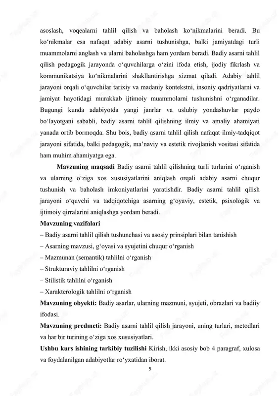 poetik, dramatik va psixologik effektlarini his qilish imkonini beradi. [2: karimov, a. “badiy tahlil metodlari va ularning zamonaviy usullari”, monografiya, toshkent, 2019.] badiy asarni tahlil qilish orqali o‘quvchi yoki tadqiqotchi asardagi ijtimoiy, tarixiy va madaniy kontekstni tushunadi. bu esa asarni o‘qish jarayonini nafaqat estetik, balki ma’naviy va intellektual rivojlanishga ham yo‘naltiradi. badiy asarni tahlil qilishning ahamiyati shundaki, u o‘quvchi va tadqiqotchiga zamonaviy jamiyatda yuzaga kelayotgan ijtimoiy, axloqiy va madaniy muammolarni badiiy asarlar orqali anglash imkoniyatini beradi. badiy asarni tahlil qilishning muhim jihatlaridan biri ham shundaki, u adabiy tafakkur asoslarini shakllantirishga yordam beradi. tahlil jarayoni orqali o‘quvchi asarni faqat o‘qibgina qolmay, uning tarkibiy va stilistik jihatlarini aniqlab, personajlar va voqealarni tanqidiy nuqtai nazardan baholashni o‘rganadi. shu bilan birga, badiy asarni tahlil qilishning mohiyati shundaki, u o‘quvchi yoki tadqiqotchiga asardagi g‘oyaviy qarama-qarshiliklarni, muallifning ijtimoiy va estetik qarashlarini va insoniy qadriyatlarni chuqur anglash imkonini beradi. badiy asarni tahlil qilishning mohiyati — bu adabiy …
