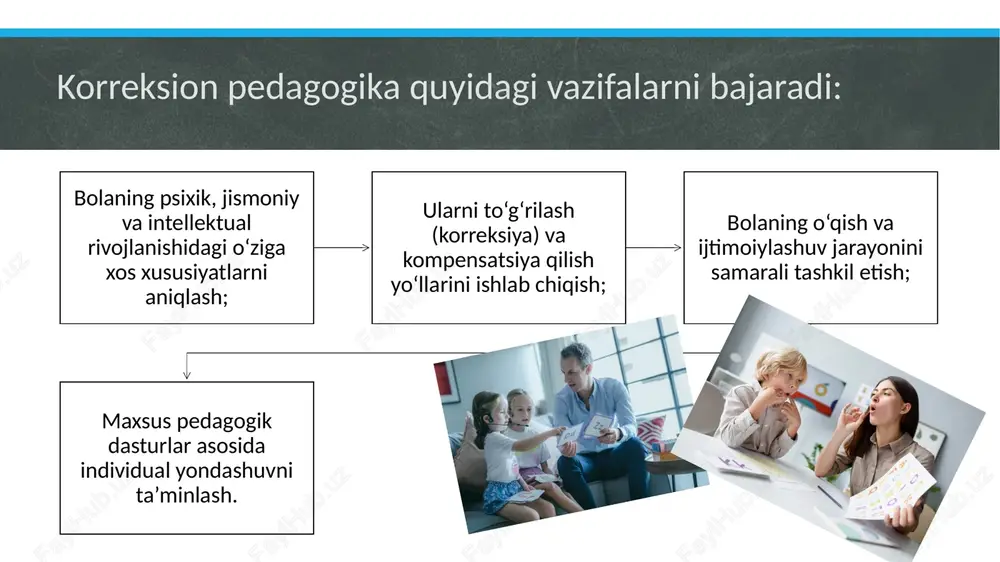 ishi, unga individual yondashuvi orqali ijobiy natijalarga erishishi zarur. foydalanilgan adabiyotlar: karimova v. a. “defektologiya asoslari”. – toshkent: o‘qituvchi, 2018. xodjayeva d. “korreksion pedagogika”. – toshkent: tdpu nashriyoti, 2020. o‘zbekiston respublikasi “ta’lim to‘g‘risida”gi qonuni. – toshkent, 2021. “maxsus pedagogika asoslari” o‘quv qo‘llanma. – toshkent: fan, 2019. muxamedova n. “logopediya va psixokorreksiya”. – samarqand, 2020. unesco inclusive education guidelines, 2022. qodirova sh. “psixologiya va defektologiya asoslari”. – toshkent, 2021. abdullayeva g. “inklyuziv ta’lim tizimida korreksion ishlar”. – namangan, 2023. “o‘zbekiston ta’lim tizimini 2030 yilgacha rivojlantirish konsepsiyasi”. – toshkent, 2019. e’tiboringiz uchun raxmat! image2.jpeg image5.png image6.png image7.png image8.png image9.png image10.png image11.png image12.png image13.png image14.png image15.png image1.png /docprops/thumbnail.jpeg