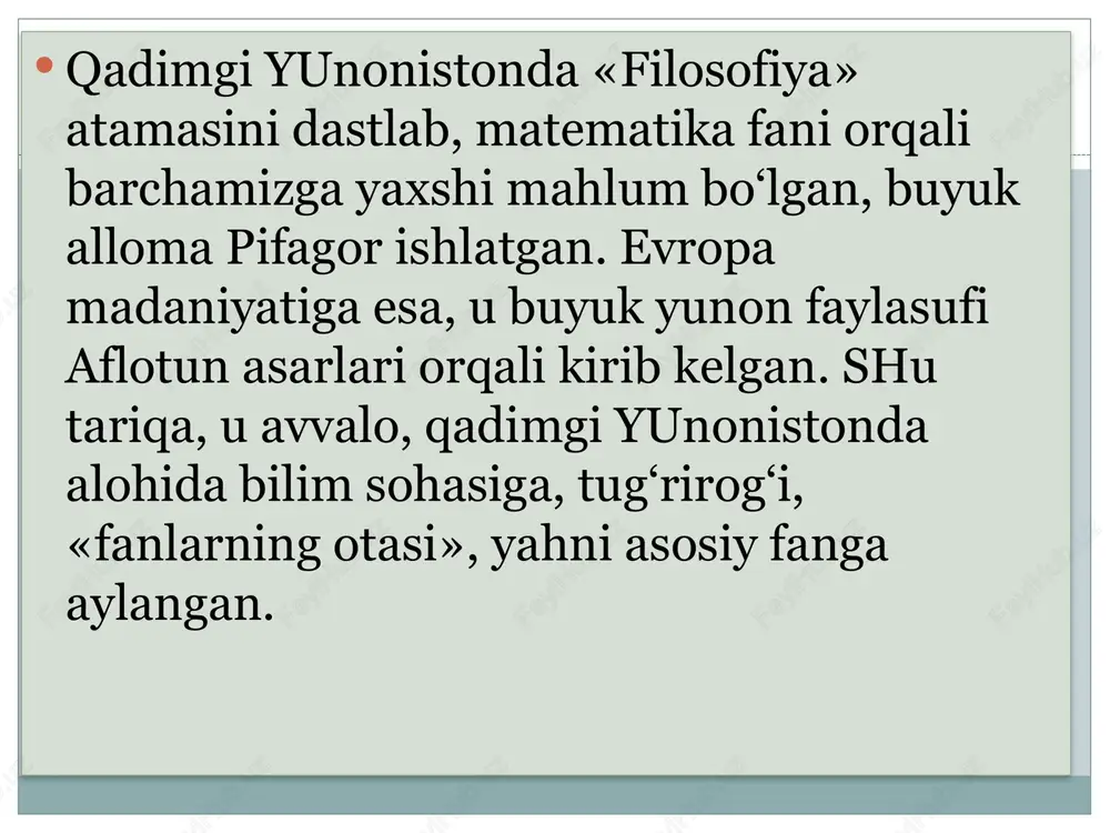 adi. binobarin, biolog har qanday rivojlanish jaraeni bilan emas, balki faqat jonli tanadagi rivojlanish jaraeni bilan qiziqadi. umuman, rivojlanish jaraenining o‘zi nima, uning mohiyati qanday? masalaning aynan shu taxlitda qo‘yilishi ilmiy muammolarni falsafiy masalaga aylantiradi. yahni, shu tariqa muayyan mavzu oddiy ilm sohasidagi ehnalishdan falsafiy muammo tusini oladi. falsafa fanining muammolari, o‘z xususiyatlariga ko‘ra, azaliy va eki o‘tkinchi bo‘lishi mumkin. azaliy muammolar insoniyat paydo bo‘lgan davrdaeq vujudga kelgan bo‘lib, toki odamzod mavjud ekani, yashayveradi. chunki, insoniyat taraqqiyotining har bir bosqichida ushbu muammolar yangidan kun tartibiga qo‘yilaveradi. ularni o‘rganish jaraenida ilm-fan taraqqiy etib boradi. olam va odam munosabatlari, dunyoning mavjudligi, borliqning voqeligi, undagi o‘zaro aloqadorlik va taraqqiy etish, insoniyat hayotidagi adolat va haqiqat, yaxshilik va emonlik, urush va tinchlik, umrning mazmuni, tabiat va jamiyat taraqqiyotining asosiy tamoyillari bilan bog‘liq ko‘pdan-ko‘p masalalar falsafa va falsafiy bilim sohalarining azaliy muammolari sirasiga kiradi. falsafada olamning asosida nima etadi, uni voqe etib turgan narsaning mohiyati …
