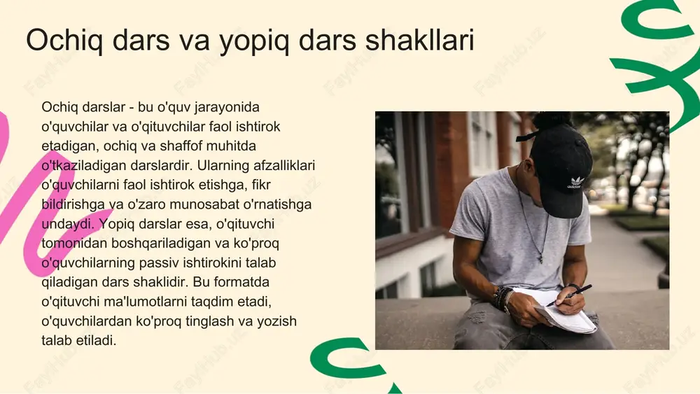 teraktiv ta'lim platformalari yangi texnologiyalar, masalan, interaktiv ta'lim platformalari, dars jarayonida o'qituvchi va o'quvchilar o'rtasidagi aloqani kuchaytirish uchun mo'ljallangan. ular o'quvchilarning faol ishtirokini ta'minlaydi va o'qituvchilar uchun ta'limni individualizatsiya qilish imkonini beradi. texnologiyaning ta'siri texnologiyalar ta'lim jarayoniga yangi imkoniyatlar kiritmoqda. interaktiv platformalar nafaqat bilim olishni osonlashtiradi, balki o'quvchilarning motivatsiyasini oshiradi va ularning o'z-o'zini o'rganish qobiliyatini rivojlantiradi. talabalar faoliyatini baholash usullari talabalar faoliyatini baholashda bir nechta usullar mavjud, jumladan, anketalar, testlar, va loyiha asosidagi baholash. ushbu usullar talabalarning bilim darajasini va faoliyatini aniqlashda qo'llaniladi. baholash samaradorligini aniqlash uchun quyidagi mezonlar ishlatilishi mumkin: - **o'z-o'zini baholash**: talabalar o'z faoliyatlarini baholash jarayonida o'zlarining kuchli va zaif tomonlarini aniqlaydi. - **kuzatuv**: o'qituvchilar talabalarning darsdagi faoliyatini kuzatib, ularning o'zgarishini baholaydilar. - **natijalar tahlili**: testlar va boshqa baholash usullari natijalari tahlil qilinib, talabalarning o'zlashtirish darajasi aniqlanadi. bu usullar orqali baholash jarayonlarining samaradorligini oshirish va talabalarning o'qish motivatsiyasini kuchaytirish mumkin. amaliy misollar va natijalar xulosa dars-talimni tashkil …