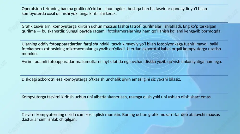 so’ng ularni masshtablash, aylantirish(o’z uqi atrofida) va deformasiyalash imkoniyatlaridan tashqari matn va ko’p varaqli xujjatlarni qayta ishlash vositalariga ega. corel draw vektorli paketi rasm chizishdan tashqari turli grafiklarni tayyorlash va rastrli tasvirlarni taxrirlash ishlarini bajara oladi. bu dastur fayllarni boshqarish, kompyuter displeyida slayd-filmlar namoyish etish, «qo’lda» chizish va tasvir qatlamlari bilan ishlash, uch o’lchamli maxsus effektlarni qo’llash, matnni qayta ishlash vositalari bilan ta’minlangan. bulardan tashqari windows muxitida ishlovchi adobe photostyler, sgi va macintosh kompyuterlari uchun mo’ljallangan barco creator, live picture, scitex blaze, linotype da vinci, eclipse, pixelfx dasturlari ham keng tarqalgan. barco creator dasturi o’zining ishlash tezligi, hamda keng funksional imkoniyatlari bilan ajralib turadi. kompyuter grafikasida rang juda muxim – ko’zatuv taassurotni kuchaytirish va tasvirni axborotga boyitish rolini o’ynaydi. biz ko’rayotgan yoritilgan buyumdan qaytgan yoruq’lik ko’z qorachiq’i orqali ko’zimizga o’tadi va ko’z ichidagi asab xujayralarini qo’zq’atadi. bu hujayralar asab tolalari orqali miya bilan boq’langanligi tufayli ko’z yoruq’ligi miyaga o’tadi va …