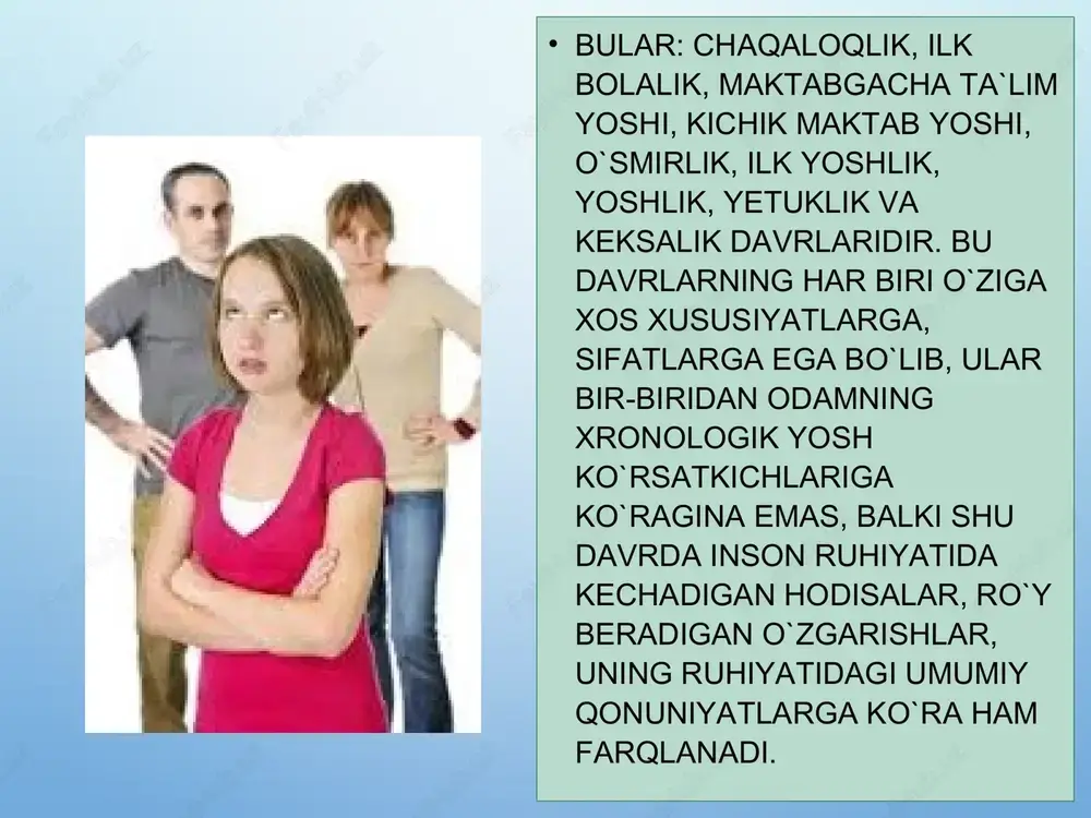 di. ularning ajralib chiqish miqdori minstrual siklning turli bosqichlarida turlicha bo`ladi. xulosa o‘smirlik davri inson hayotidagi muhim psixik rivojlanish bosqichi hisoblanadi. bu davrda bolalar hissiy, ijtimoiy, intellektual va shaxsiy jihatdan katta o‘zgarishlarni boshdan kechiradilar. o‘smirlar mustaqil qaror qabul qilish, o‘zini anglash va shaxsiy identifikatsiyani shakllantirish jarayonidan o‘tadilar. shu bilan birga, ular uchun ijtimoiy muhit, do‘stlar guruhi, ota-ona qo‘llab-quvvatlashi va pedagogik ta’sirlar juda muhim ahamiyatga ega. psixik rivojlanishning bu bosqichi shaxsiy xulq-atvor, emotsional barqarorlik va ijtimoiy ko‘nikmalarni shakllantirishda asosiy rol o‘ynaydi. foydalanilgan adabiyotlar ro‘yxati aytbaev, a. s. (2018). o‘smirlik davrida psixik rivojlanish. toshkent: o‘qituvchi nashriyoti. ermakov, v. i. (2016). psixologiya asoslari. moskva: nauka. levinson, d. j. (1978). the seasons of a man’s life. new york: knopf. santrock, j. w. (2019). adolescence. mcgraw-hill education. steinberg, l. (2017). adolescence. new york: mcgraw-hill. hall, g. s. (1904). adolescence: its psychology and its relations to physiology, anthropology, sociology, sex, crime, religion and education. new york: …