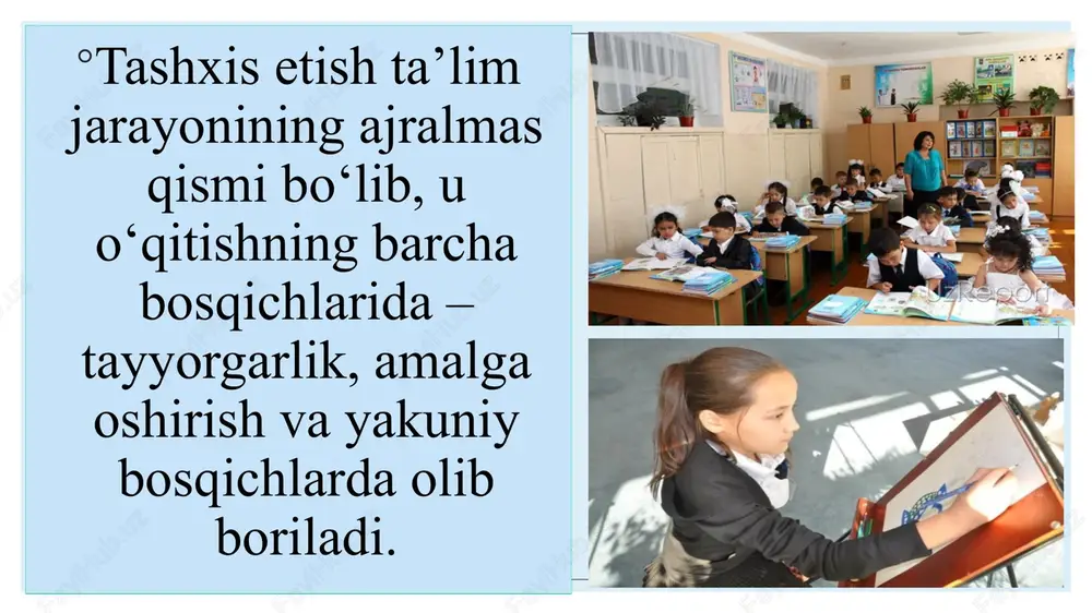 da ko‘rsatish imkonini beradi. xulosa ta’lim olganlikni tashxis etish — o‘quv jarayonining muhim bosqichi bo‘lib, u nafaqat o‘quvchilarning bilim darajasini, balki ularning shaxsiy rivojlanish potensialini aniqlashga ham yordam beradi. tashxis etish orqali ta’lim sifati tahlil qilinadi, o‘qitish jarayoni takomillashtiriladi va natijadorlikka erishiladi. shunday ekan, har bir pedagog bu jarayonni puxta o‘ylab, ilmiy asosda amalga oshirishi lozim. foydalanilgan adabiyotlar o‘zbekiston respublikasi “ta’lim to‘g‘risida”gi qonuni. – toshkent, 2020. o‘zbekiston respublikasi prezidentining “ta’lim sifatini oshirish to‘g‘risida”gi farmoni. – 2022. yo‘ldoshev j. “pedagogik diagnostika asoslari”. – toshkent: o‘qituvchi, 2019. hasanov a. “pedagogik o‘lchash va baholash”. – toshkent, 2021. g‘ulomova m., qodirova s. “zamonaviy ta’lim texnologiyalari”. – toshkent: fan, 2020. zunnunov a. “ta’limda nazorat va baholash tizimi”. – toshkent: tdpu nashriyoti, 2018. image2.jpg image3.jpeg image4.jpeg image5.jpeg image6.jpeg image7.jpeg image8.jpeg image9.jpeg image10.jpeg image11.jpeg /docprops/thumbnail.jpeg