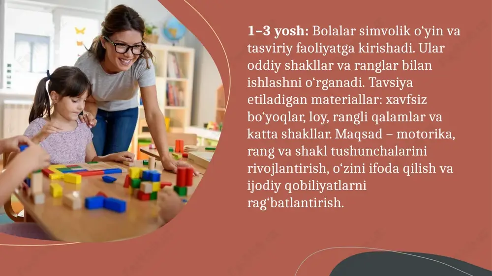 a interfaol metodlar bolalarning ijodiy qobiliyatlarini samarali rivojlantiradi. shu bilan birga, ota-ona va jamiyatning faol qo‘llab-quvvatlashi bolalarning shaxsiy o‘sishi va ijodiy rivojlanishida muhim rol o‘ynaydi. tabiat bilan ishlash, ranglarning psixologik ta’sirini hisobga olish va zamonaviy texnologiyalardan foydalanish bolalarda ijodiy va kognitiv rivojlanishni yanada kuchaytiradi. shu bilan, turli yoshdagi bolalar guruhida va mashg‘ulotdan tashqari vaqtlar tashkil etilgan tasviriy faoliyat – bu nafaqat san’at, balki bolalarning shaxsiy rivojlanishi, ijodiy tafakkuri va ijtimoiy ko‘nikmalarini shakllantiruvchi pedagogik vosita hisoblanadi. bu jarayon bolalar uchun qulay, rag‘batlantiruvchi va mustaqil bo‘lishi kerak, pedagog va ota-onaning qo‘llab-quvvatlashi esa faoliyatning samaradorligini oshiradi va bolalarning shaxsiy o‘sishiga sezilarli hissa qo‘shadi. image1.jpeg image2.jpeg image3.jpeg image4.jpeg image5.jpeg image6.jpeg image7.jpeg image8.jpeg image9.png image10.jpeg image11.jpeg image12.jpeg image13.jpeg image14.jpeg image15.jpeg image16.jpeg