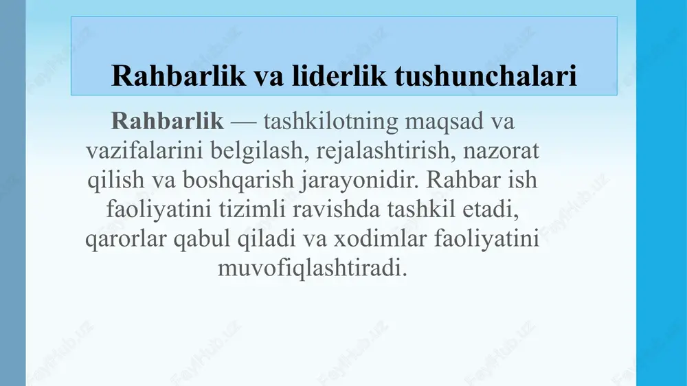 tanqidiy munosabatini shakllantirish, mehnat faolligi va ijodiy ishlash ehtiyojini rag‘batlantirish; qabul qilingan qarorlar yechimini ta’minlash kabi ijtimoiy-psixologik masalalarini hal qilish uslubchi uchun birmuncha murakkablik qiladi. xulosa xulosa qilib uslubchi faqat yaxshi nazariy tayyorgarlikkagina emas, balki bilimlarni amalda qo‘llash ko‘nikmasiga ham ega bulishi zarur. tajribali uslubchining tashabbuskorligi va ishga ijodiy yondoshishi: g‘oyalarini umumlashtira bilish, maqsadga muvofiq ishlash, har bir tarbiyachining imkoniyat va qobiliyatlarini hisobga olishiga qarab farqlanadi. uslubchining rahbarlik va liderlik xususiyatlari — samarali boshqaruvning asosiy omili hisoblanadi. rahbarlik tizimni barqaror yuritishga, liderlik esa jamoani ilhomlantirish va rag‘batlantirishga xizmat qiladi. zamonaviy tashkilotlarda har ikki fazilatni uyg‘unlashtirish muhimdir, chunki bu nafaqat iqtisodiy samaradorlikni, balki ijtimoiy-madaniy barqarorlikni ham oshiradi. image1.png image2.png image3.png image4.png image5.png image6.png /docprops/thumbnail.jpeg