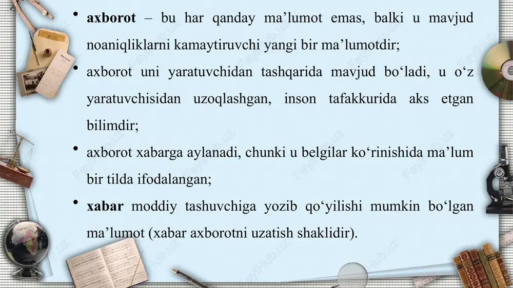 otlar hajmi vm=8 bit. o‘nli sanoq tizimida olti xonalik 247532 sonining mos ma’lumotlar hajmi vm=6 dir. sintaktik bosqichda axborot miqdorini tizim holatining noaniqligi (tizim entropiyasi) tushunchasini ko‘rmasdan aniqlab bo‘lmaydi. aytaylik axborot olinishgacha foydalanuvchi α tizimi xususida qandaydir dastlabki (aprior) ma’lumotga ega bo‘lsin. uning tizimdan voqif emaslik o‘lchovi h(α) funksiya bo‘lib, bu funksiya o‘z navbatida tizim holatining noaniqlik darajasi va o‘lchovi hisoblanadi. qandaydir β ma’lumot qabul qilingandan so‘ng qabul qiluvchi qandaydir qo‘shimcha iβ(α) axborotga ega bo‘ladi va uning aprior voqif emasligi kamayadi, natijada tizim holatining aposterior (β-ma’lumot qabul qilingandan so‘nggi) noaniqligi nβ(α) ga teng bo‘ladi. agar so‘nggi noaniqlik hβ(α) nolga aylansa, dastlabki to‘liq bo‘lmagan bilim to‘liq bilim bilan almashtiriladi va axborot miqdori iβ(α)=n(α) bo‘ladi. boshqacha aytganda, tizim entropiyasi n(α) etishmaydigan axborot o‘lchovi sifatida ko‘rilishi mumkin. mumkin bo‘lgan n holatlarga ega bo‘lgan tizim entropiyasi h(α) shennon formulasiga binoan quyidagicha aniqlanadi: bu erda ri - tizimning i-holatda bo‘lishligi ehtimolligi. tizimning barcha holatlari teng …