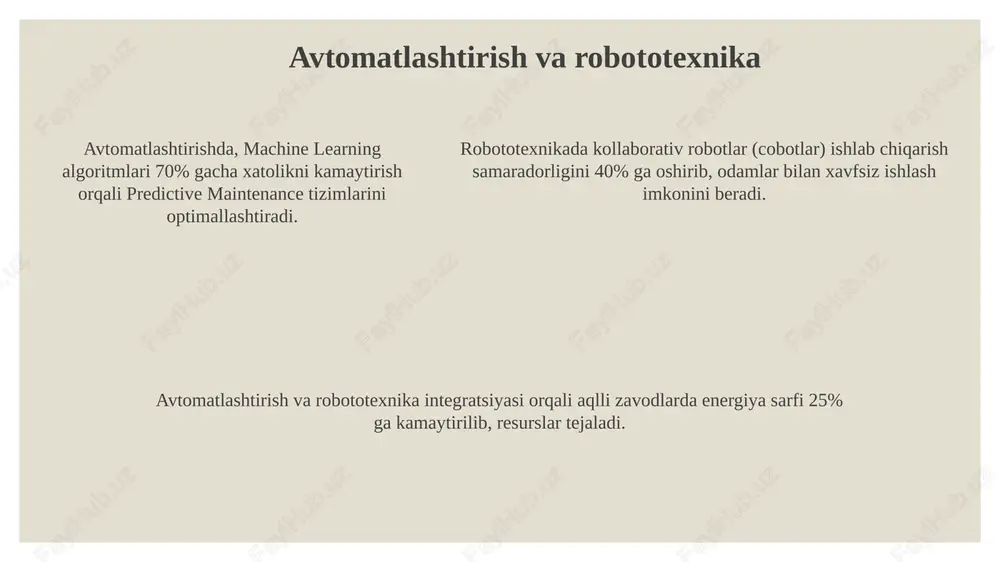 ar beton aralashmasidan foydalanib, soatiga 10 kvadrat metr tezlikda uylar qurish imkonini beradi, bu an'anaviy usullarga nisbatan arzon va tezroqdir. nanotexnologiyalar nanotexnologiyalar tibbiyotda dori vositalarini aniq yetkazish uchun ishlatiladi, masalan, nanobolokchalar yordamida saraton hujayralariga to'g'ridan-to'g'ri ta'sir etuvchi dorilar yaratish imkoniyati mavjud. energetika sohasida nanoqoplamalar quyosh batareyalarining samaradorligini 20% dan 40% gacha oshirishga yordam beradi va shu bilan birga energiya xarajatlarini kamaytirishga xizmat qiladi. energetika sohasida nanoqoplamalar quyosh batareyalarining samaradorligini 20% dan 40% gacha oshirishga yordam beradi va shu bilan birga energiya xarajatlarini kamaytirishga xizmat qiladi. kosmik texnologiyalar sun'iy intellekt (si) texnologiyalari kosmik kemalarni avtonom boshqarish, katta hajmdagi kosmik ma'lumotlarni tahlil qilish va sun'iy yo'ldosh aloqalarini optimallashtirish kabi vazifalarda keng qo'llanilmoqda. kosmik materialshunoslikda yangi trendlar yengil, yuqori quvvatli kompozitsion materiallar, masalan, uglerod tolali polimerlar va alyuminiy litiy qotishmalari ishlab chiqishga qaratilgan. mikro va nano-sun'iy yo'ldoshlar tendentsiyasi kichikroq va arzonroq kosmik apparatlarni yaratishga qaratilgan bo'lib, bu esa yerning yuqori aniqlikdagi suratlari va …