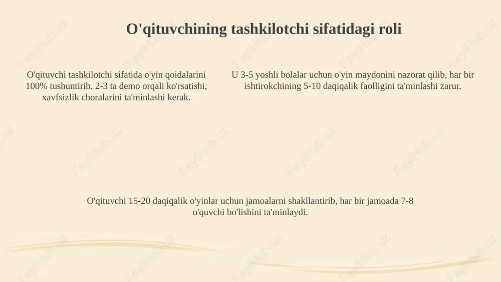 gacha bo'lgan ball tizimidan foydalaning, unda 5 a'lo natijani va 1 qoniqarsiz natijani anglatadi, shaffof mezonlar asosida baholash kerak. baholashda individual ko'rsatkichlarni, masalan, to'g'ri javoblar soni yoki tezlikni, shuningdek, jamoaning umumiy muvaffaqiyatini hisobga olish, adolatli va xolis yondashuvni ta'minlash muhim. ota-onalar bilan hamkorlik ota-onalar bilan o'yinlar va sport musobaqalari tashkil etish, bolalar uchun 10-12 turdagi harakatli o'yinlarni namoyish etish orqali tajriba almashiladi. ota-onalar bilan hamkorlik, 1-sinfdan boshlab bolalarning erta rivojlanishini qo'llab-quvvatlash bo'yicha seminar-treninglar tashkil etishni o'z ichiga oladi. ota-onalar majlislarida 5 yoshdan 7 yoshgacha bo'lgan bolalarning jismoniy faolligi va sportga qiziqishini oshirish bo'yicha maslahatlar beriladi. xulosa xulosa o'qituvchi tomonidan olib borilgan o'yinlarning yakuniy tahlilini o'z ichiga oladi, bunda bolalar harakatlarini, qoidabuzarliklarni baholash va kamchiliklarni aniqlash asosiy vazifalardan biridir. o'qituvchi xulosada o'yin davomida erishilgan natijalarni, 7-10 yoshli bolalarning jamoaviy harakatlari va shaxsiy o'sishini, hamda o'yinning ta'limiy ahamiyatini qisqacha tahlil qilishi lozim. xulosada kelgusidagi 2-3 ta darslar uchun o'yinni takomillashtirish bo'yicha takliflar …