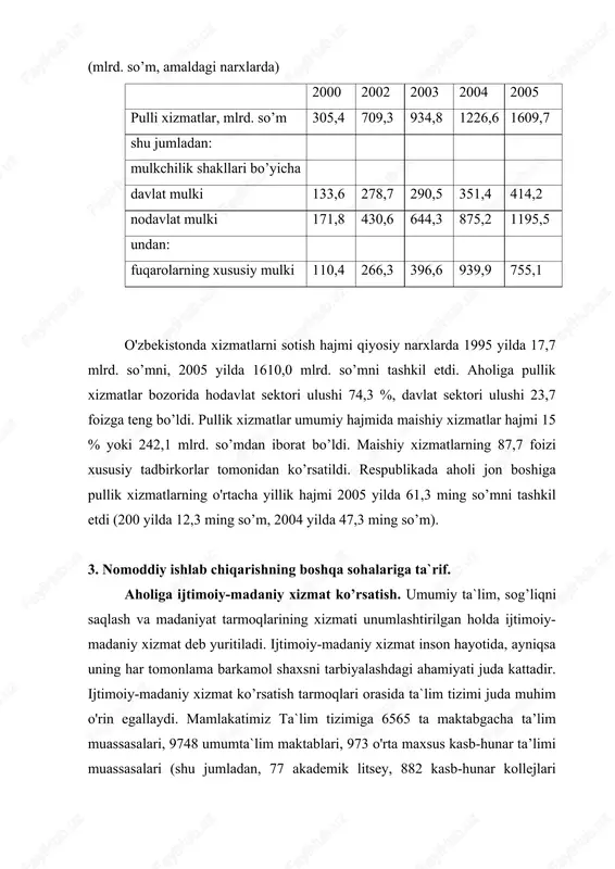 ari, 9748 umumta`lim maktablari, 973 o'rta maxsus kasb-hunar ta’limi muassasalari (shu jumladan, 77 akademik litsey, 882 kasb-hunar kollejlari hamda 14 litsey va litsey-internat) va 62 ta oliy ta’lim muassasalari (jumladan, 19 ta universitet) kiradi (2006). sog’liqni saqlash. respublikamizda tibbiy xizmat ko’rsatish juda yaxshi yo’lga qo’yilgan. tarmoqda 968 kasalxona, 4354 ambulatoriya-poliklinikalari, 2800 qishloq vrachlik punkti tashkil etilgan. 71 mingga yaqin barcha ixtisoslikdagi vrachlar aholiga malakali tibbiy yordam ko’rsatadi (2006). bu haqda prezidentimiz i.a.karimovning quyidagi fikrlarini keltirish ayni muddao. “bir shifokorga 298 kishi to’g'ri keladi. bu dunyodagi ko’pgina rivojlanayotgan mamlakatlardagidan ancha kamdir. chunonchi, o'zbekistonda turkiya, birlashgan arab amirliklari, koreyaga nisbatan 3-4 barobar, malayziya, hindiston va pokistonga nisbatan 6-8 barobar ko’p aholi malakali tibbiy yordam bilan ta`minlangan”. mamlakatimizda istiqlol yillarida tibbiyot sohasida tub islohotlar o'tkazilmoqda (ayniqsa, “sog’lom avlod yili” va “homiylar va shifokorlar yili”da). ko’plab shifoxonalar xorijiy tibbiyot asbob-anjomlari bilan tobora ko’proq jihozlanayapti. tibbiyot vositalari (bir marta ishlatiladigan shpritslar, turli xildagi dori-darmonlar) ishlab …