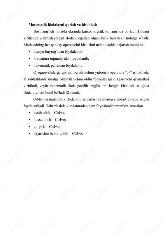 an (;) nuqta vergul kiritiladi yoki matrix (matritsa) panelidan range variable (diskret o`zgaruvchi) tugmasi bosiladi. hisoblangan qiymatni chiqarish uchun esa o`zgaruvchi va tenglik belgisini kiritish kifoya. natijada o`zgaruvchi qiymati ketma-ket jadvalda chiqadi. masalan, x:=0..5 deb yozib, keyin x= kiritish kerak. foydalanuvchi funktsiyaning uning argumentiga mos qiymatlarini hisoblab chiqarish va bu qiymatlarni jadval yoki grafik ko`rinishda tasvirlashda diskret o`zgaruvchilardan foydalanish qulaylikni keltiradi. masalan, f(x)=sin(x)(cos(x) funktsiya qiymatlarini x ning 0 dan 5 gacha bo`lgan qiymatlarida hisoblash kerak bo`lsa, u holda quyidagi kiritishni amalga oshirish kerak: f(x)=sin(x)(cos(x) x:=0..5 f(x)=javob. sonlarni formatlash. odatda mathcad 20 belgi aniqligigacha matematik ifodalarni hisoblaydi. hisoblash natijalarini kerakli formatga o`zgartirish uchun sichqoncha ko`rsatgichini sonli hisob chiqadigan joyga keltirib, ikki marta tez-tez bosish kerak. natijada sonlarni formatlash natijasi result format oynasi paydo bo`ladi. sonlarni formatlash quyidagilardir: · general (asosiy) – o`z holida qabul qilish. son eksponentsial ko`rinishda tasvilanadi. · decimal (o`nlik) – o`nlik qo`zg`aluvchan nuqta ko`rinishda tasvirlanuvchi son (masalan, 12.5564). …