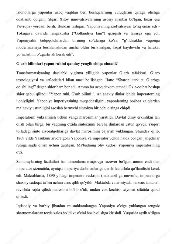 vaqtning o'zida sintoizmni barcha dinlardan ustun qo'ydi. yuqori toifadagi sinto ziyoratgohlariga davlat marosimini bajarish yuklangan. shunday qilib, 1869 yilda yasukuni ziyoratgohi yaponiya va imperator uchun halok bo'lgan jangchilar ruhiga sajda qilish uchun qurilgan. ma'badning oliy xudosi yaponiya imperatorining o'zi. samuraylarning fazilatlari har tomonlama maqtovga sazovor bo'lgan, ammo endi ular imperator xizmatida, ayniqsa imperiya dushmanlariga qarshi kurashda qo'llanilishi kerak edi. maktablarda, 1890 yildagi imperator reskripti (maktubi) ga muvofiq, imperatorga shaxsiy sadoqat ta'lim uchun asos qilib qo'yildi. maktabda va armiyada maxsus tantanali ravishda sajda qilish marosimi bo'lib o'tdi, undan voz kechish xiyonat sifatida qabul qilindi. iqtisodiy va harbiy jihatdan mustahkamlangan yaponiya o'ziga yuklangan tengsiz shartnomalardan tezda xalos bo'ldi va o'zini bosib olishga kirishdi. yuqorida aytib o'tilgan xitoy-yaponiya urushida xitoyni mag'lub etib, u 1904-1905 yillardagi rus-yapon urushida rossiyani mag'lub etdi. va 1910 yilda koreyani butunlay bosib oldi. yaponiyaning iqtisodiy rivojlanishi 1867-1868 yillar inqilobidan keyin yaponiyada amalga oshirilgan burjua oʻzgarishlari mamlakatni kapitalistik taraqqiyot yoʻliga …