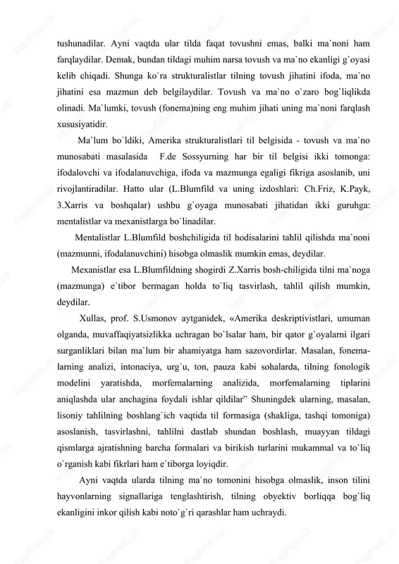 ariga tenglashtirish, tilning obyektiv borliqqa bog`liq ekanligini inkor qilish kabi noto`g`ri qarashlar ham uchraydi. kopengagen strukturalizmi. kopengagen strukturalizmi xx asrda - 30 yillarning boshlarida daniyada tashkil topdi. tilshunoslikdagi bu yo`nalish glossematika deb ham ataladi. kopengagen strukturalizmining asoschisi lui yelmslev(1899-1965) bo`lib, o`zi yaratgan maktabga 1936 yilda glossematika nomini berdi. bu bilan olim tilga, til hodisalariga avvalgi tilshunosliklardan farqli yangicha nuqtai nazardan yondashayotganligini alohida qayd etadi. kopengagen strukturalizmining - glossematikaning nazariy asoslari l. yelmslevning«umumiy grammatika principlari» (1928), «kelishik kategoriyasi» (1935,1937), «til va nutq» (1942) va, ayniqsa, «lingvistik nazariya asoslari» (1943) kabi asarlarida bayon qilinadi. daniyalik v.bryondal, x. uldallar ham glossematika mak-tabining vakillari hisoblanadi. glossematiklarda til sinxron - hozirgi bir davrdagi sof munosabatlarning mavhum sistemasi sifatida beriladi. bunda har bir konkret tilning o`ziga xosligi, xususiyatlari inkor qilinadi. ular «tilshunos tilning real elementlari orasidagi o`zaro munosabatni emas, balki tildagi zamon va makon chegarasi bo`lmagan munosabatlar strukturasinigina tekshirishi lozim, degan universal ta`limotni yaratmoqchi bo`ladilar. shunday …