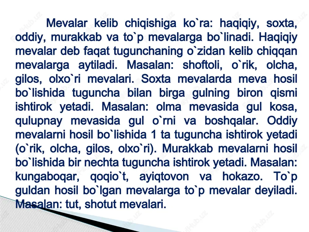 azilgandan boshlab, u hosilga kirguncha o’tgan vaqtni; ikkinchi to’la, ya’ni har yili bir me’yorda mo’l hosil berishdan boshlab, o’sishi, to’xtaguncha bo’lgan davrni va uchinchi davr hosil berishdan to’xtab, tamomila qurib qolguncha bo’lgan vaqtni o’z ichiga oladi. keyinroq professor p.g.shitt meva daraxtlarining ontogenezini yanada aniqroq qilib 9 davrga bo’ladi va ularning har biri uchun qo’llaniladigan agrotexnika chora-tadbirlarini belgilab chiqadi. bu davrlarning ta’rifi va agrotexnikasining mohiyati, asosan, quyidagilardan iborat. birinchi davr - daraxt vegetativ qismlarining o’sish davri. bu davr urug’ unib chiqqan ko’chat o’tkazilgan paytdan boshlab, u birinchi marta hosil berishi bilan tugaydi. bu davrda daraxtning asosiy shohlari va popuk hamda so’ruvchi ildizlari bilan birga asosiy ildizlari o’sadi. bu davrda shoh-shabba shakllanadi: o’sish sharoiti yaxshilanadi va baquvvat ildiz sistemasi hosil bo’ladi, asosiy shohlarning o’sishi tartibga solinadi. meva daraxtlarining o’sish davrlari. ikkinchi davr - o’sish va hosil berish davri. bu davr meva daraxti birinchi hosilga kirgan vaqtdan boshlab, muttasil hosil berguncha bo’lgan rivojlanish …