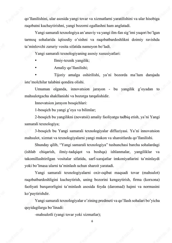 mukammal omillarga ega bo’lishi talab etiladi va zaruriy iqtisodiy resurslar, ya’ni investitsiyalarni talab etadi. bunda yangi samarali texnologiyalarga qaratilgan investitsiyalar ijtimoiy-iqtisodiy tizimning moddiy, ijtimoiy-iqtisodiy va g’oyaviy-siyosiy belgilarini takomillashtirilishiga safarbar etiladi. bunday investitsiyalar resurslar, ishlab chiqariladigan mahsulotlar, xizmatlar, mulkchilik shakllari, iqtisodiy mexanizm, intilinayotgan g’oya va siyosatning ustuvorligini ta’minlanishiga qaratiladi. xulosa qilib aytganda, makroiqtisodiyot darajasida yangi samarali texnologiyalarga qaratilgan investitsiyalar kuchli raqobat muhitida firma (korxona)larning raqobatbardoshligini ta’minlash bilan bog’liq bo’lgan ularning mavqeini mustahkamlash bilan, samaradorligini yuksaltirish, foyda (daromadi) hajmi va me’yorini oshirish bilan bog’liq bo’lgan investitsiyalardir. o’zbekiston iqtisodiyotida firma (korxona)lar hayotiyligini ta’minlash, ular rivojlanishi va daromaddorligini orttirish, fan va texnika taraqqiyoti yutuqlaridan foydalangan holda, jahon talablari darajasidagi tovar va xizmatlarni ishlab chiqarishdir. yangi, zamonaviy va ilg’or texnika-texnologiyalarni qo’llagan holda sifatli, arzon tovar va xizmatlarni tashqi bozorlarga etkazish uchun qaratilgan investitsiyalar innovatsion investitsiyalardir. erkin raqobat muhitida firma (korxona) yangi samarali texnologiya strategiyasini yaxlitlikda ta’minlashga qaratilgan investitsiyalar: · ishlab chiqarish hayotiyligini saqlab qolish; · …