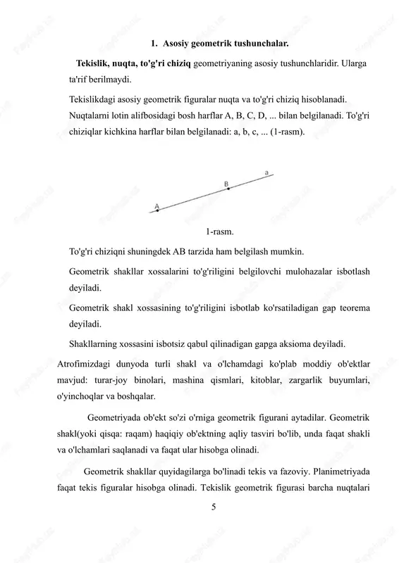 hun zarur va boshqa barcha konstruktsiyalar uchun asosdir. axir, murakkabroq geometrik shakllarni qurish ma'lum bir raqamga xos bo'lgan ko'plab nuqtalardan iborat. 2. tekislik tekislik — geometriyaning asosiy tushunchalaridan biri. geometriyada tekislik, odatda, taʼriflanmaydigan (yaʼni nuqta, toʻgʻri chiziq kabi) boshlangʻich tushuncha hisoblanib, uning xususiyatlari bilvosita geometriya aksiomalari bilan ifodalanadi. mac, ikki nuqtasi biror tekislikda yotgan toʻgʻri chiziqning oʻzi ham shu tekislikda yotadi; bir toʻgʻri chiziqda yotmagan uchta nuqta orqali bitta tekislik oʻtadi; fazoda berilgan ikki nuqtadan teng uzoklikda turgan nuqtalar toʻplami tekislik boʻladi. oxirgi aksioma masofa tushunchasiga asoslangan boʻlib, n.i.lobachevskiy uni tekislikning taʼrifi sifatida qabul qilgan. g.v.leybnits tekislikni ikkita kongruent ajratish mumkin boʻlgan sirt deb taʼriflagan. ammo bu xossa tekislikni toʻla aniqlamaydi, chunki yasovchisi sinusoida yoki arrasimon muntazam cheksiz siniq chiziq boʻlgan silindrik sirt ham shunday kongruent qismlarga boʻlinadi. tekislikdagi to’g’ri chiziq tenglamalari. tekislikdagi chiziqlarning eng sodda, ko’p o’rganiladigan, ko’p qo’llaniladigani to’g’ri chiziq hisoblanadi. quyida to’g’ri chiziq tenglamalarining turli ko’rinishlariga to’xtalib …