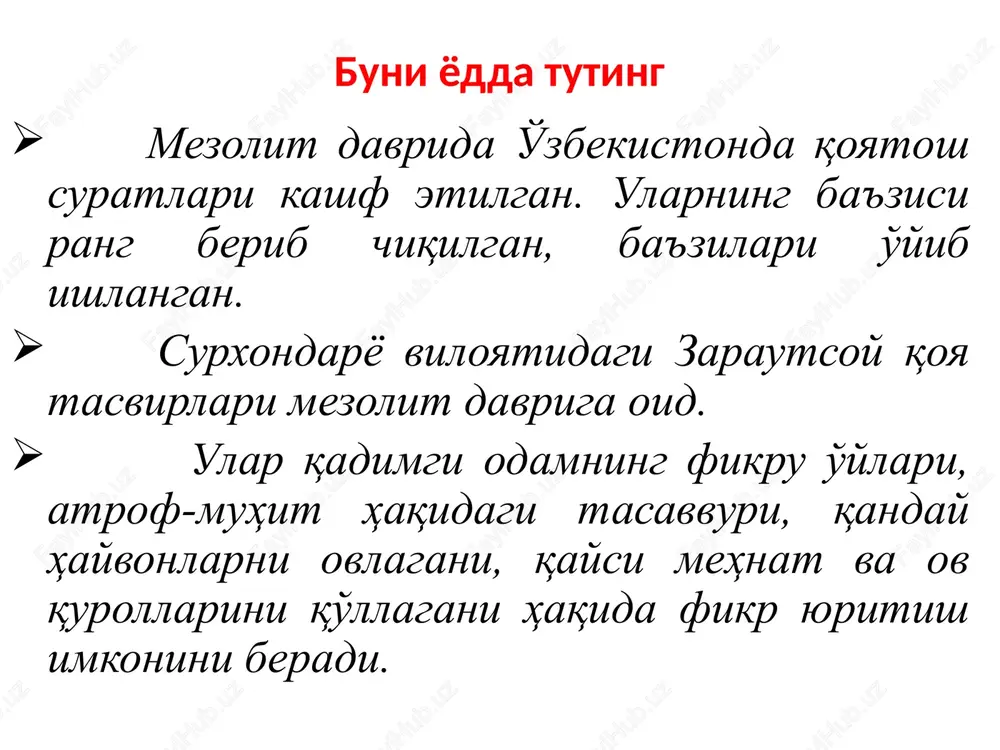 jmli xikoyalar. latifa atamasi arabcha «latif» so'zidan olingan bo'lib, «nozik», «yoqimli», «zarif» ma'nolarini bildiradi. latifa xususiyatlari: yagona qaxramon bo'ladi ixcham suyujetga ega asardagi muloqot diolog shaklida bo'ladi latifalar mazmuniga ko'ra ikki hil: xajviy latifalar - nasriddin davlat arboblari, hokim va boshqalar davrasida yumoristik latifa – nasriddin o'z oilasi, bolalari, qo'shnilari davrasida tasvirlanadi. lof – biror voqeani o'ta bo'rtirib, hazil mutoyiba bilan aytish. lapar – aytishuv, asosan ikki kishi yoki ikki taraf tomonidan aytiladi. termalar – baxshilar tomonidan kuylanadigan 10-12 satrdan 150-200 misragacha bo'lgan lirik, liroepik she'r. hayotdagi turli hodisalar, shaxslar ta'rifi va tanqidi. askiya: arabcha «zaki» so'zining ko'plik «askiya» shaklidir. zexni o'tkir, so'zomon zakovatli ma'nolarini bildiradi. tez aytish: ma'lum tovush va so'zni to'g'ri talafuz qilishga, nutqni o'stirishga mo'ljallangan. masal: arabcha «namuna», eng qadimiy janr, voqeylik majoziy xarakterdagi, o'simlik, hayvon, ba'zan inson obrazlari orqali tasvirlanadi. alla – bolalarni uxlatish uchun aytiladigan qo'shiq. doston – x.o.i.ning eng yirik va murakkab janrlaridan biri. …