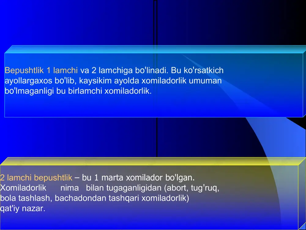 'rganilmagan. diagnostikasi laporoskopiya (gemorragik zona stigmasiz) uzi (plato – effekt) lnf sindromini davolash lyutein faza yetishmovchiligiday davolanadi bachadon nayi peritoneal bepushtlik uchrash foizi. bachadon naylari va peritonial bepushtlik ayollar bepushtligi sababi sifatida 70 %ni tashkil etadi. naylar bepushtligi deb aytiladi qachonkim, bachadon naylari o'z vazifasini bajara olmasa. naylar bepushtligi sabablari: bachadon naylari yo'qligi bachadon naylarida organik o'zgarishlar naylar funktsiyasining buzilishi. infantilizm. 2 asosiy turi farqlanadi: bachadon naylari organik o'zgarishlari bachadon naylari funktsiyasi buzilishi funktsional buzilishlarga sababi naylar qisqarish faoliyatining buzilishi: diskoordinasiya gipotonus giper- tonus organik o'zgarishlarga kiradi: sterilizatsiya va b. nay buralishi chandiq xosil bo'lishi o'tkazuvchanlik buzilishi naylar bepushtligi diagnostikasi anamnez jinsiy aloq'a soni, partnyorlar almashuvi va ulardagi yalliglanish kasalliklari gsg laparoskopiya qabul qilgan kontratseptsiya uslubi jinsiy aloqa davrida chanoqda og'riq, algodismenoreya abortdan va tugruqdan so'ngi davrning kechish xususiyatlari operatsiyadan keyingi davr. jinsiy va boshqa organ sistemalarining surunkali yallig'lanish kasalliklari funktsional naylar bepushtligini davolash. psixoterapiya sedativ dorilar trankvilizatorlar spazmolitik preparatlar …