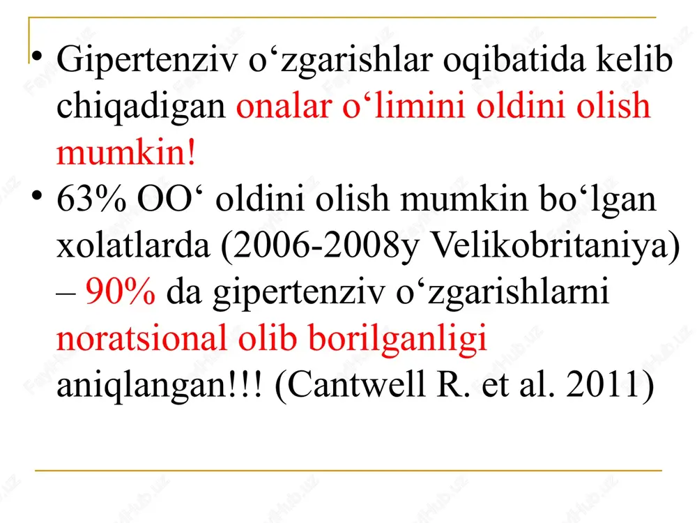sh xurujidan soʻng 12 soat ichida →tugʻdirish kerak!!! agar kursatilgan vaqt ichida qin orqali tugʻruq sodir bulmasa, kesar kesish amaliyoti bajariladi (eklampsiya). agar homila yurak urishi 1 daqiqada 180 zarba boʻlsa → kesar kesish! ogʻir preeklampsiya – birinchi yordam 1a birlamchi tibbiy sanitariya muassasida: preeklampsiyaning og`irlik darajasini baholash: aqb, es-hushi, bosh og`rig`i, talvasalar, nafas qisilishi, qorinda og`riq, qon ketishi, homila yurak urishi; og`ir preeklampsiyada v/i.ga 16ml 25% vena ichida 10 daqiqa ichida magniy sulfat so`ng sistema orqali 100ml magniy sulfat+400 ml 0,9% natriy xlor eritmasida , daqiqasiga 7 tomchidan; saqb 150 va/yoki daqb 100mm.sm.ust.ga ko`tarilganda metildopa, nifedipin bilan gipotenziv davoni boshlang; tez tibbiy yordan shifokorlari preeklampsiya/eklampsiya bilan kasallangan ayolni olib kelayotganda tug`ruqxona hodimlarini xabardor qilishlari kerak. headaches, elevated blood pressure and convulsions 26 magniy sulfat(25% mgso4) zuspan usuli (v/i): yuklama doza: 10-15 min davomida v/i mgso4 25%-16,0 ml + sol.nacl 0,9%-20 ml saqlovchi doza: 100,0 ml 25% mgso4 +sol.nacl 0,9%-400 …