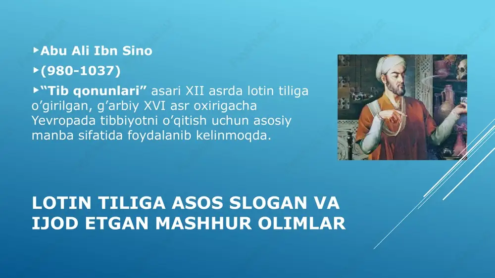 s – [protsessus] – o‘simta fossa – [fossa] – chuqur resina – [rezina] – yelim chiasma – [xiazma] – kesishma x xharfi [ks] tovushini beradi: radix – [radiks] – ildiz maxilla –[maksillya] – yuqori jag‘ z z harfi yunon tilidan kelib chiqqan so‘zlarda [z] kabi, yunon tilidan kelib chiqmagan so‘zlarda esa [ts] kabi o‘qiladi: zona – [zona] –soha zincum – [tsinkum] –rux harf birikmalarining talaffuzi q q harfi doim u bilan qo‘llaniladi va [kv] kabi o‘qiladi: aqua – [akva] – suv ngu harf birikmasi unlilardan oldin kelsa, [ngv] kabi, undoshlar oldidan kelsa, [ngu] kabi o‘qiladi: lingua – [lingva] – til angulus – [angulyus] – burchak ti harf birikmasi unlilardan oldin kelsa, [tsi] kabi, x, s undoshlaridan keyin kelsa, [ti] kabi o‘qiladi: solutio – [solyutsio] – eritma mixtio – [mikstio] – aralashma ”c“ harfi o‘qilishiga e’tibor bering: caput - bosh; collum - bo‘yin; cavitas - bo‘shliq; occiput - ensa; truncus - …