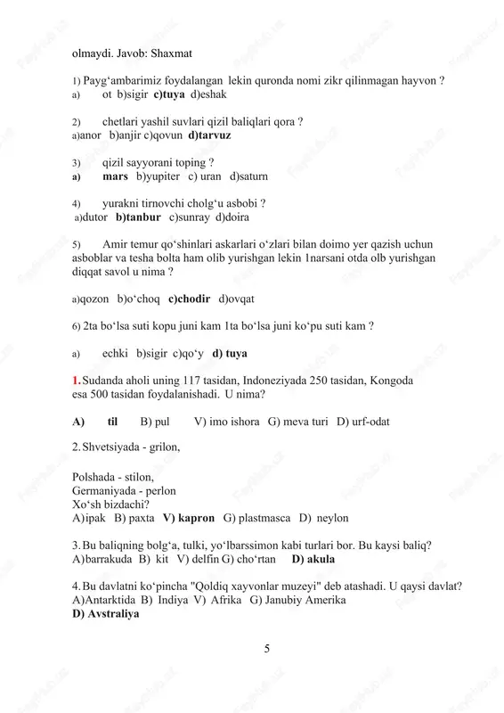 dan qay biri qolganlaridan ilgariroq hukm surgan? a) neron b) kaligula v) tiberiy g) yuliy sezar d) tit 23. fide versiyasi bo‘yicha hamyurtimiz rustam qosimjonov nechanchi yili shaxmat bo‘yicha jahon chempioni bo‘lgan? a) 2003 yil b) 2001 yil v) 2006 yil g) 2004 yil d) 2002 yil 24. vashington shahri qaysi daryo bo‘yida joylashgan? a) ​potomak b) gudzon v) missisippi g) missuri d) ist-river 25. "fanni deb yo‘lga chiqqan kishiga jannat eshigi ochiladi" degan maqol qaysi xalqqa tegishli? a) ​arablarga b) ispanlarga v) yaponlarga g) o‘zbeklarga d) inglizlarga 26. hozirgi meksikaliklarning ajdodlari kimlar bo‘lgan? a) inklar b) bushmenlar v) mayalar g) atsteklar d) konkistadorlar 27. inkvizitsiya sudidan chiqib galileo galiley qanday so‘zlarni ishlatdi? a) yo hayot, yo mamot b) u aylanmaydi v) lekin har holda u aylanadi g) hech nima demadi d) tavba qildim 28. birlashgan millatlar tashkilotining rasmiy tillarini ko‘rsating. a) ingliz, nemis, turk, yapon, fransuz, ispan b) rus, …