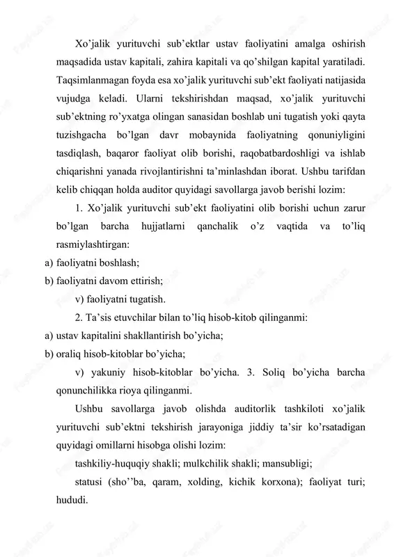 anishi va harakatining auditorlik tekshiruvini o’tkazish uchun auditor (auditorlik tashkiloti) tomonidan quyidagi asosiy hujjatlar axborot manbai bo’lib hisoblanadi va ulardan foydalaniladi: -iqtisodiy sub’ekt ustavi; -ta’sis shartnomasi; -ta’sischilar majlislarining bayonnomalari; -davlat ro’yxatidan o’tganligi to’g’risidagi guvohnoma; -korxonalarni xususiylashtirish va aksionerlashtirish bilan bog’liq bo’lgan hujjatlar; -statistika, davlat soliq idoralarida ro’yxatdan o’tganligi to’g’risida guvohnoma; -bankning xizmat ko’rsatishi to’g’risidagi shartnomasi; -ta’sis hujjatlariga kiritilgan va ro’yxatga olingan o’zgarishlar; -emissiya prospekti; -aksiyadorlik jamiyatlari uchun aksiyadorlarning reestri; -aksiyadorlarning yillik majlisi bayonnomalaridan ko’chirma; -aksiyadorlar, ta’sischilarning majlis bayonnomalaridan ko’chirma; -direktorlar (nazorat) kengashi majlislarining qarorlaridan ko’chirma; -ijro direksiyasining buyruqlari va farmoyishlari; -ma’lum bir faoliyatni amalga oshirish uchun lisenziyalar va ruxsatnomalar; -ta’sischilar va aksiyadorlar bilan yozishuvlar; -ichki ustavlar; -ustav kapitaliga ta’sischilar tomonidan o’z ulushlarini pul, natura, nomoddiy shaklda yoki qimmatli qog’ozlar ko’rinishida kiritilganini tasdiqlovchi hujjatlar (bank ko’chirmalari, kirim kassa orderlari, ustav kapitaliga ulush sifatida natura ko’rinishida taqdim etilgan mol-mulkni kirim qilish to’g’risida dalolatnomalar va boshqalar); -ustav kapitaliga natura va nomoddiy ko’rinishida kiritiladigan …
