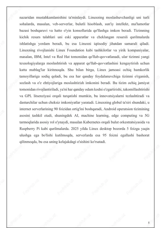 ozlashni osonlashtirdi. red hat (1994) va suse (1994) kabi kompaniyalar linuxni tijoriy maqsadlarda rivojlantirishni boshladilar, bu esa tizimning korporativ muhitda qo'llanilishini kengaytirdi. red hatning tijoriy muvaffaqiyati linuxni serverlar va ma'lumotlar markazlarida mashhur qildi, chunki u barqarorlik va arzon narxni ta'minladi. 1998 yilda netscape, ibm va oracle kabi yirik kompaniyalar linuxni qo'llab-quvvatlashlarini e'lon qildilar, bu esa tizimning ishonchliligini oshirdi va uni keng miqyosda qabul qilinishiga yordam berdi. 2000-yillarda linux superkompyuterlar sohasida dominant bo'ldi. top500 ro'yxatidagi superkompyuterlarning 90 foizdan ortig'i linuxda ishlay boshladi, chunki uning parallel hisoblash va yuqori samaradorlikni ta'minlash qobiliyati yuqori edi. shu bilan birga, linux mobil qurilmalar va o'rnatilgan tizimlar sohasida kengaydi. 2008 yilda google tomonidan chiqarilgan android operatsion tizimi linux kerneliga asoslandi, bu esa smartfonlar bozorida inqilob qildi. androidning muvaffaqiyati linuxning moslashuvchanligi va apparat resurslariga minimal talablarini namoyish etdi, natijada milliardlab qurilmalar linuxga asoslangan tizimda ishlay boshladi. linuxning rivojlanishi ochiq kod tamoyillariga asoslanadi, ya'ni gnu general public license …