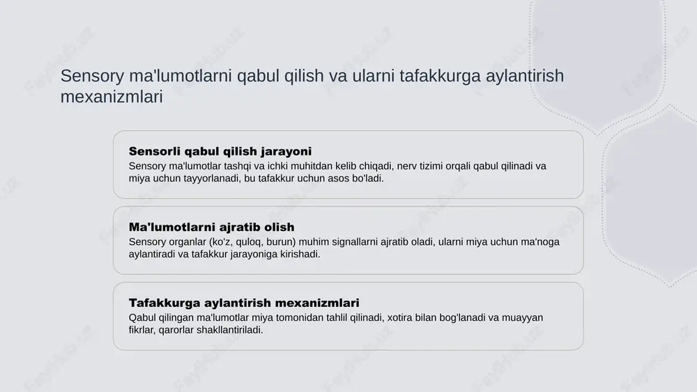 iyat o'ziga xos sezgi tizimlari va tafakkur uslublarini rivojlantiradi, bu esa inson tafakkurining xilma-xilligini ta'minlaydi. 02 kognitiv tafovutlar madaniyatlararo tafovutlar insonlarning muayyan vaziyatlarda qanday fikrlashlari va muammoni hal qilish usullariga ta'sir qiladi. bu farqlar tushunishni kengaytiradi va kommunikatsiya samaradorligini oshiradi. 03 idrokni rivojlantirish madaniyatlararo farqlarni tushunish, insonlar o'rtasidagi muloqotni mustahkamlash va keng ko'lamli muhitda ko'proq samarali idrok qilish imkonini beradi. bu esa zamonaviy jamiyatda muhim ahamiyatga ega. inson psixologiyasida murakkab idrok turlarining roli va ahamiyati 01 kognitiv jarayonlar murakkab idrok turlari inson psixologiyasida fikrlash, xotira, diqqat va qaror qabul qilish kabi muhim funksiyalarni tashkil etadi. ular bilimlarni qayta ishlashda asosiy rol o’ynaydi. 02 sezgi va tafakkur murakkab idroklar sezgi orqali olinadigan ma’lumotlarni tahlil qilish va uni yuqori darajali fikrlash va tushunishga aylantirish jarayonidir. bu inson tafakkurining asosidir. 03 madaniyat va idrok madaniyatlar va an’analarning idrok va tafakkurga ta’siri katta. ular ma’lumotlarni qanday qabul qilish va tushunishimizni shakllantiradi, fikrlash uslublarini rivojlantiradi. …