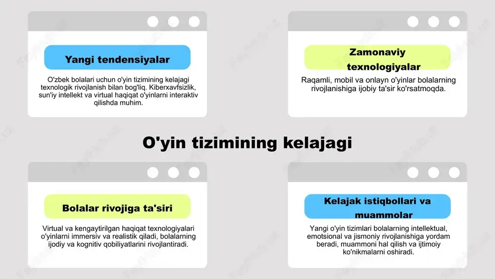 ta'minlash muhim. bu muammolarni hal qilish uchun strategiyalar qo'llaniladi. o'yinlarni ishlab chiqish va o'ynashning kelajagi virtual haqiqat va kengaytirilgan haqiqat yangi platformalar rivojlanmoqda. yangi texnologiyalar va imkoniyatlar sun'iy intellekt yordamida shaxsiy o'yinlar yaratish imkoniyati kengaymoqda. innovatsiyalar va chaqiruvlar ta'lim imkoniyatlari, interaktiv ta'lim o'yinlari orqali yoshlar rivojlanmoqda. ta'lim va rivojlanish imkoniyatlari 01 02 03 xulosa o'zbek bolalari o'yin tizimi milliy madaniyat va rivojlanishda muhim rol o'ynaydi. an'anaviy, zamonaviy va ta'limiy o'yinlar bolalarning rivojlanishiga ijobiy ta'sir ko'rsatadi. foydalanilgan adabiyotlar 1. ismoilov, i. o'zbek milliy o'yinlarining madaniy va tarbiyaviy ahamiyati. o'zbekiston milliy tarbiya akademiyasi, 2018. 2. qodirov, d. o'zbek bolalar o'yinlarining rivojlanishi va zamonaviy tendensiyalar. o'zbekiston o'yin va rivojlanish instituti, 2020. 3. yusufov, m. o'yinlarning tarixi va madaniy merosi. toshkent: ma'rifat nashriyoti, 2019. 4. rahmonov, s. o'zbek madaniyatida o'yinlarning roli. o'zbekiston madaniyat markazi, 2017. 5. toshpulatov, a. zamonaviy texnologiyalar va bolalar o'yinlari. innovatsion o'qituvchilar jamiyati, 2021. e'tiboringiz uchun rahmat! image1.png image2.png image11.png image15.jpeg …