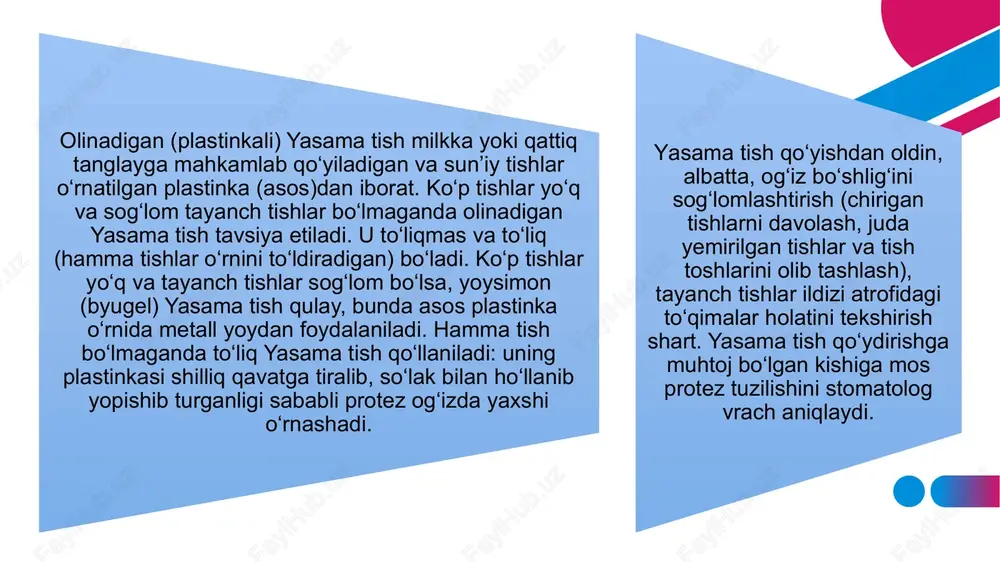 o`lib qolgan sohalarga bor plastmassani oldindan monomer bilan namlab yangi qism kushiladi. kyuveta birlashtiriladi va ikkala qismni to`liq jipslashtirilgan holda yakuniy presslanadi, 10-15 daqiqa ushlab turiladi, so`ng pressdan olinib byugelga mahkamlanadi va plastmassani polimerizatsiya qilishga o`tiladi. polimerizatsiyaning ikkita usuli mavjud: quruq nam (suvli) quruq polimerizatsiya kuritish shkafida 120-1400 s harorat ostida 40-45 daqiqa davomida amalga oshiriladi. nam polimerizatsiya suvli idishda amalga oshiriladi. polimerizatsiya sharoiti asosli polimer turiga bog`liq. shuning uchun doim polimerizatsiya vaqtida bazis plastmassalarining idishlarida mavjud bo`lgan ishlab chiqaruvchi zavodining yo`riqlariga qat’iy rioya qilish lozim. hozirgi vaqtda asosan «etakril» (akr15) va «ftoraks» plastmassalari ishlab chiqarilmoqda. «etakril» plastmassasining polimerizatsiya sharoiti quyidagi bosqichlardan iborat: 1. polimerizatordagi suvni 18+20 haroratdan, 60 daqiqa davomida 1000 gradusna qaynaguncha yetkazish lozim. 2. 40-45 daqiqa 100 0s haroratda ushlanadi. ya’ni qaynatiladi. 3. shundan so`ng kyuveta sekinlik bilan polimerizatorda xona haroratigacha (20 gradus) sovitiladi. 4. to`liq sovugandan so`ng kyuveta ochiladi. yo`l qo`yilishi mumkin bo`lgan hatolar, ularning namoyon …