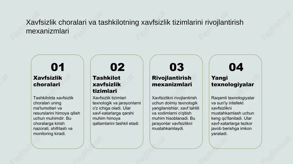 ar zamonaviy texnologiyalar yordamida xavfsizlik choralarini yanada samarali qilish mumkin. raqamli platformalar, monitoring tizimlari va avtomatlashtirilgan xavfsizlik usullari resurslardan unumli foydalanishga yordam beradi. resurslar va xavfsizlik resurslarni toʻgʻri boshqarish va xavfsizlik choralarining muvofiqligi tashkilotning uzoq muddatli barqarorligini taʼminlaydi. bu strategiya xavfni kamaytiradi va tashkilotning umumiy samaradorligini oshiradi. tashkilot xavfsizligini ta’minlashda xavfsizlik choralari va strategiyalarining o’zaro bog’liqligi 1 xavfsizlik choralari va strategiyalarining bog’liqligi - xavfsizlik choralari va strategiyalari bir-biriga mustahkam bog’liq bo’lib, muhim risklarni aniqlash va ularni bartaraf etishga qaratilgan kompleks yondashuvlarni ta’minlaydi. 2 strategik yondashuvlarning roli - strategiyalar tashkilot xavfsizligini uzluksiz ta’minlash uchun uzoq muddatli maqsadlar va harakatlar rejasini belgilaydi, xavfni boshqarish samaradorligini oshiradi. 3 moslashuvchanlik va integratsiya - har ikkisi o’zaro moslashgan bo’lsa, xavfsizlik choralari muammolarga tez javob berishga yordam beradi, tashkilot ichida xavfsizlik madaniyatini rivojlantiradi. tashkiliy himoyalashda samarali resurs boshqarish strategiyalari resurslarni taqsimlash samara resurs boshqarish uchun aniq maqsadlar belgilash va ularni ehtiyojlarga muvofiq taqsimlash muhim. bu tashkilot …