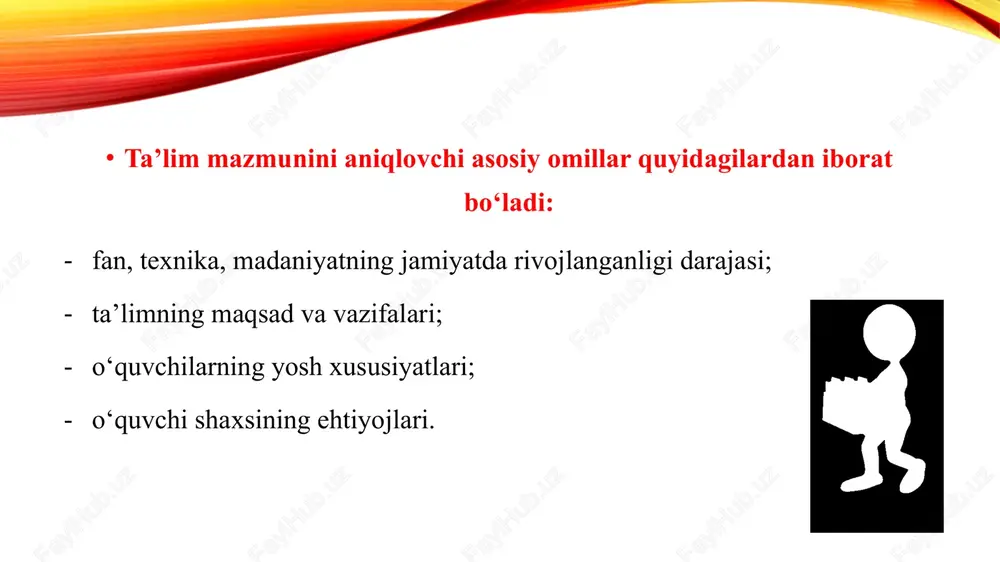 ayon qiluvchi kitobdir. darsliklar bilan bir qatorda, ayrim o‘quv fanlari yuzasidan o‘quv qullanmalari ham tuziladi. masalalar va mashqlar to‘plami, xrestomatiyalar, atlaslar, lug’at kitoblari va hokazolar shular jumlasidandir. o‘quvchilar darslik va o‘quv qo‘llanmalari bilan darsda, ham uy sharoitlarida mustaqil ish olib boradilar. darslik materiali katta tarbiyaviy ahamiyatga ega. u bilan ishlash o‘quvchilarning aqliy tarbiyasiga, ularda ilmiy dunyoqarashning, axloq-odobning shakllanishiga, tafakkuri va nutqining, ishdagi mustaqilligining rivojlanishiga yordam beradi. darslikdagi bilimlar tizimi o’zaro ichki, mantiqiy bog’lanishlarga ega bo’lib, ular didaktika talabiga muvofiq ravishda bayon qilingan. darslik quyidagi talablarga amal qilgan holda yaratiladi: 1. darslikda aks etgan ilmiy bilimlar sinf o’quvchilarining yosh xususiyatiga mos kelishi kerak. 2. darslikda bayon qilingan ilmiy bilimlarning nazariy asosi, g’oyalari tizimli va izchil bo’lishi talab qilinadi. ular hayotdan olingan, ishonarli bo’lishi lozim. shu holdagina o’quvchilardagi ilmiy dunyoqarash, eng yaxshi insoniy fazilatlar tarkib toptiriladi. 3. nazaraiy bilimlar ishlab chiqarish amaliyoti bilan bog’langan bo’lishi kerak. 4. darslikda mavzu soda, ravon tilda …