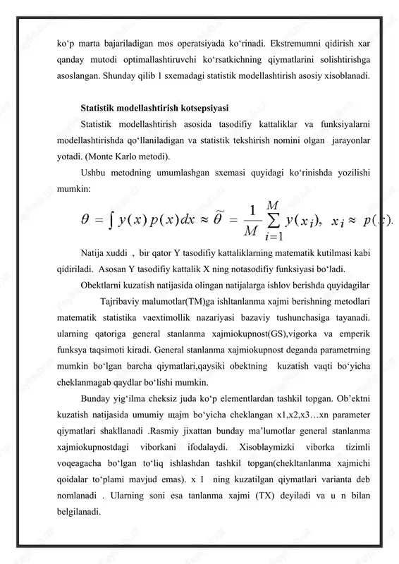 kin. tanlanma ishonchli bo‘lishi uchun general stanlanma xajmiokupnost proporsiyasini to‘g‘ri ifodalash lozim. agar tanlanma xajmi– n etarlicha katta bo‘lganda va gs ning xar bir elementi viborkaga tushishni bir xil extimolligiga ega bo‘lsalar bu shart bajariladi. olingan viborkada x1 ga n1 marta, x2 gaesa n2 marta va xk qiymatga nk marta ,yani n1+n2+n3+ ….+nk=n marta kuzatilgan bo‘lsin.o‘sish tartibida joylashgan qiymatlar majmuiga variatsion qator deyiladi, ni chastotani n tanlanma xajmiga nisbati i=ni/n nisbiy chastotani ifodalaydi. ravshanki nisbiy chastota qiymati 1 ga teng. taqsimot deganda kuzatilayotgan variantalar va ularning chastotalari orasidagi moslik tushuniladi. aytaylik nk , x parametrning x dan kichik tasodifiy qiymatidagi kuzatishlar soni bo‘lsin. x>x bo‘lishi xodisasining chastotasi nx/n ga teng. ushbu munosabat tanlanma xajmi va x ning funksiyasi bo‘ladi: fn(x)= nx / n.. fn(x) kattaligi funksiya taqsimotini barcha xususiyatlariga ega : fn(x)- kamaymaydigan funksiya bo‘lib ,uning qiymatlari [o-1] kesmada tegishli , agar x1 parametrning eng kichik qiymati , xk esa …