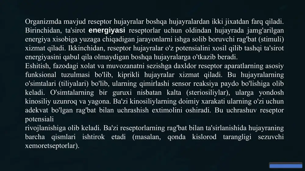 b, anglash va tushunish jarayonini yuzaga keltiradi. sensor jarayonlarning xotira va e'tiborga ta'siri sensor ma'lumotlar sezgi organlari tomonidan qabul qilingan ma'lumotlar xotira va e'tiborni kuchaytiradi. selektiv diqqat e'tibor jarayoni sensor ma'lumotlarni saralash va to'plashda muhim rol o'ynaydi. sezgi xotirasi sezgi organlaridan keladigan ta'sirlar xotira tizimida saqlansadi va keyinchalik idrokka ta'sir ko'rsatadi. sensor jarayonlarning hissiy va idrokiy xususiyatlari hissiy xususiyatlar sensor ta'sirlar insonning hissiy hayotini uyg'otadi va his-tuyg'ularni shakllantiradi. idrokiy xususiyatlar sensor ma'lumotlar asosida olamni anglash, idrok etish va tushunish jarayonlari yuzaga keladi. sensor jarayonlarning amaliy qo'llanilishi texnologiyalar sensor jarayonlar asosida rivojlangan texnologiyalar (xushmuomalalik, boshqaruvlar, robotika) insonning hayotini osonlashtiradi. tibbiyot sensor texnologiyalar insonning sog'lig'ini kuzatish va tashxis qo'yishda muhim rol o'ynaydi. o'qitish ta'lim jarayonida sensor jarayonlarni o'rganish va amaliy qo'llash samaradorlikni oshiradi. e’tiboringiz uchun raxmat. image3.png image4.png image5.png image1.png image2.png image6.png image7.png image8.png image9.jpeg image10.jpeg image11.jpeg image12.png image13.png image14.png image15.jpeg image16.jpeg image17.jpeg image18.png image19.png image20.png image21.png image22.png image23.png image24.png image25.png image26.png