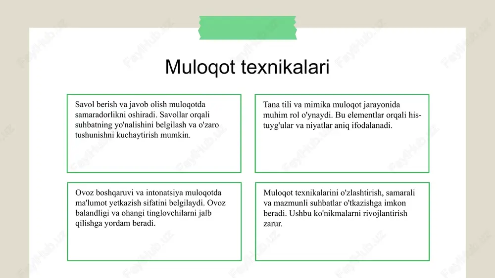 irish: ochiq va samimiy muloqotni rag'batlantirish. 5. amaliy misollar: jismoniy to'siqlarni yengish uchun o'z tajribangizdan foydalaning. emotsional to'siqlarni yengish emotsional to'siqlar muloqotni murakkablashtiradi. ularni aniqlash va boshqarish muloqotning samaradorligini oshiradi. emotsional to'siqlar emotsional to'siqlarni yengish uchun nafas olish texnikalari va ijobiy fikrlashni qo'llash mumkin. yengish usullari misol: hamkasblar o'rtasidagi nizolarni hal qilishda ochiq muloqot orqali to'siqlar yengilgan. real hayot misollari har kim o'z usullarini topishi lozim. tajribalarni bo'lishish orqali o'zaro yordamni kuchaytirish mumkin. xulosa va takliflar madaniy to'siqlar va ularni yengish madaniy to'siqlar shaxslararo muloqotda ko'plab muammolarga olib kelishi mumkin. ularni aniqlash va yengish usullari muhimdir. bu slaydda madaniy to'siqlarni aniqlash, ularni yengish yo'llari va misollar keltiriladi. aniqlash madaniy to'siqlar muloqotda tushunmovchiliklar va qabul qilinmagan odatlarni o'z ichiga oladi. ularni aniqlash uchun boshqa madaniyatni tushunish va o'rganish zarur. yengish yo'llar madaniy to'siqlarni yengish uchun ochiq fikrda bo'lish, boshqa madaniyatlarga hurmat va ijobiy niyatlar bilan yondashish muhimdir. farqlarni muhokama qilish ham …