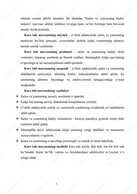 hakllantiradi.[footnoteref:0] [0: qosimov bahromjon. istiqlol qahramonlari – abdulla avloniy. toshkent: yoshlar nashriyoti, 2022. – b. 15–78] adabiyotda satira va yumor inson tabiatini, uning xatti-harakatlarini, jamiyatdagi o‘rni va qadriyatlar tizimini o‘zgacha ko‘z bilan ko‘rish imkonini beradi. u faqat kuldirish emas, balki o‘ylantirish, fikrlashga undash, muammoni anglashga chorlaydi. qadim zamonlardan buyon kulgi insoniyat madaniyatining ajralmas qismi bo‘lib kelgan. masalan, qadimgi yunon adabiyotida aristofan komediyalari, rim adabiyotida yuvinal va goras satiralari jamiyatdagi illatlarni fosh etishda katta o‘rin tutgan. ularning asarlarida shohlar, siyosatchilar, ruhoniylar va xalq o‘rtasidagi ziddiyatlar kulgi orqali ochib berilgan. sharq adabiyotida ham satira va yumorning ildizlari juda chuqur. abu abdulloh rudakiy, alisher navoiy, sa’diy sheroziy, hofiz kabi mutafakkirlar o‘z davrining ijtimoiy muammolarini nozik kinoya, yumor va hikmatli so‘zlar orqali ifoda etganlar. ayniqsa, alisher navoiyning “lison ut-tayr”, “mahbub ul-qulub” kabi asarlarida jamiyatdagi munofiqlik, nodonlik, mansabparastlik kabi illatlar o‘tkir satirik tilda ochib beriladi. navoiy kulgi orqali insonni o‘z kamchiliklarini tan olishga, ulardan voz …