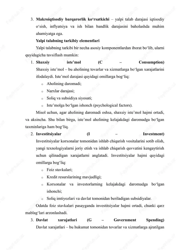 vestitsiyalar, davlat xarajatlari va tashqi savdo saldosi) iqtisodiy jarayonlarni tushunishda hal qiluvchi ahamiyatga ega. ushbu elementlarning o‘zaro bog‘liqligi va harakatlari makroiqtisodiy barqarorlik, narxlar darajasi va ishlab chiqarish hajmini aniqlashda asosiy vosita hisoblanadi. 2. yalpi taklif tushunchasi va uning tarkibiy elementlari yalpi taklif (aggregate supply, as) – ma’lum bir narxlar darajasida ishlab chiqaruvchilar tomonidan taklif qilinadigan tovar va xizmatlar hajmi. yalpi taklif (aggregate supply, as) – ma’lum bir vaqtda mamlakat bozorida ishlab chiqaruvchilar tomonidan ishlab chiqarilgan tovarlar va xizmatlar umumiy hajmini ifodalaydi. bu tushuncha makroiqtisodiyotda ishlab chiqarish faoliyatining samaradorligini, iqtisodiy resurslarning optimal taqsimlanishini va narxlar darajasiga bo‘lgan munosabatni tahlil qilishda asosiy vosita hisoblanadi. yalpi taklif bozor iqtisodiyotida ishlab chiqaruvchilar tomonidan taklif qilinadigan tovarlar va xizmatlar miqdorini belgilaydi. shu bilan birga, u iqtisodiy barqarorlikni saqlash, narxlar darajasini boshqarish va ish bilan bandlik darajasini tahlil qilish uchun muhim indikator hisoblanadi. yalpi taklif grafigi qisqa muddatli va uzoq muddatli ko‘rinishda tavsiflanadi. 2.1. yalpi taklifning …