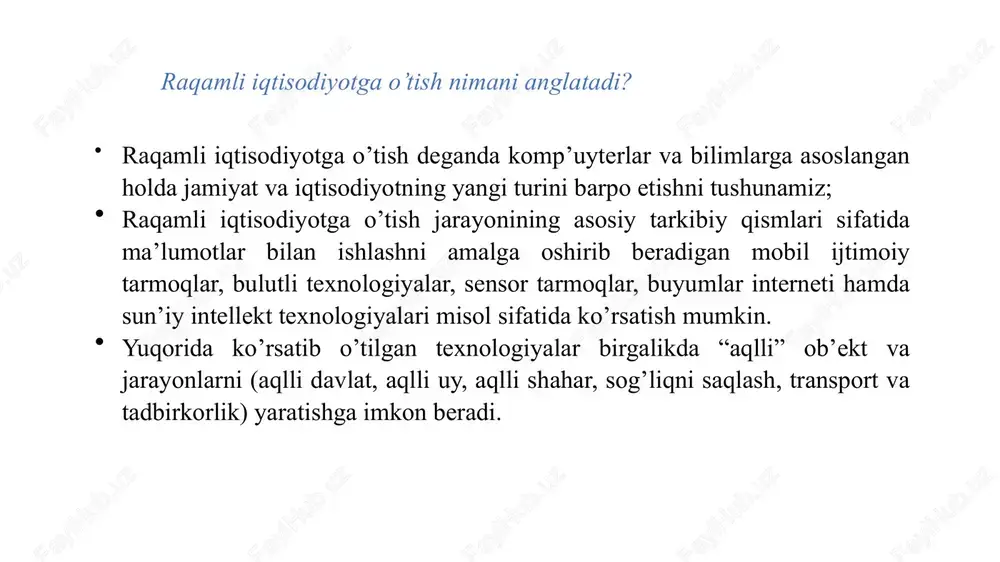oriy-huquqiy hujjatlar, raqamli iqtisodiyotni rivojlantirish institutlarilar siyosiy (davlat institutlari) elektron hukumatni rivojlantirish markazi, oak, it parklar, so'nggi yillarda sarmoyalarni jalb qilgan startaplar. " raqamli iqtisodiyot va eh ni rivojlanish to'g'risida" o’zbekiston respublikasi prezidentining farmoni raqamli o’zbekiston 2030 dasturi aqlli qishloq xo’jalk konsepsiyasi bir jinsli ishtirokchi davlatlarning hamkorlik strategiyalari. iqtisodiy institutla ilmiy institutla ommaviy (ijtimoiy) institutlar raqamli iqtisod ko’rsatkichlari 1 raqamli iqtisodiyotning asosiy ko‘rsatkichlari raqamli iqtisodiyot platformalari personifikatsiya qilingan servis modellari ishlab chiqaruvchilar va iste’molchilarning bevosita o‘zaro aloqa qilishi. birgalikda foydalanish (sharing economy, free economy) .individual qatnashchilar hissasi speedtest global index yaim dagi ulushi ict development index mc kinsey index e-intensity index telecommunication infrastructure index desi (digital economy and society index) development implications of digital economies raqamli iqtisodiyotni baholash metodlari indekslar digital evolution index © copyright presentationgo.com – the free powerpoint and google slides template library 19 2 raqamli iqtisodiyot indikatorlari. xalqaro savdoda yuqori texnologiyali mahsulotlar ulushi. ihtt – (iqtisodiy hamkorlik …