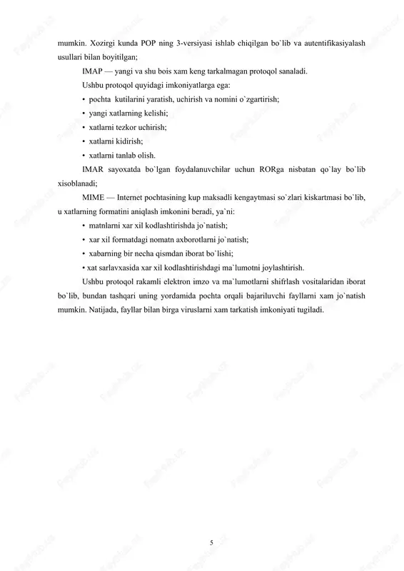 necha qismdan iborat bo`lishi; • xat sarlavxasida xar xil kodlashtirishdagi ma`lumotni joylashtirish. ushbu protoqol rakamli elektron imzo va ma`lumotlarni shifrlash vositalaridan iborat bo`lib, bundan tashqari uning yordamida pochta orqali bajariluvchi fayllarni xam jo`natish mumkin. natijada, fayllar bilan birga viruslarni xam tarkatish imkoniyati tugiladi. 1.2 e-taildagi mavjud muammolar elektron pochta bilan ishlash jarayonida quyidagi xatolarga yul qo`yish mumkin: • xatni tasodifan jo`natish; • xatning notugri manzil bo`yisha jo`natilishi; • xatlar arxivining keskin oshib ketishi okibatida tizimning ishdan chikishi; • yangiliklarga notugri obuna bo`lish; • xatni tarkatish ruyxatida xatoga yul qo`yish. agar tashkilotning pochta tizimi bevosita internetga ulangan bulsa, yul kuyilgan xatolar okibati keskin oshib ketadi. ushbu xatolarning oldini olish usullarining ba`zi birlari quyidagilar: - foydalanuvchilarni o`qitish; - elektron pochta dasturlarini tugri konfigurasiyalash; - internetdagi protoqollarga to`liq amal kiluvchi dasturlarni qo`llash. bundan tashqari elektron pochtaning shaxsiy maksadda ishlatilishi tashkilot raxbariyati uchun ba`zi bir muammolarni keltirib chikarishi mumkin, chunki e-mail manzilida tashkilot nomlari …