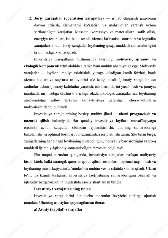 port vositalarini sotib olish hamda boshqa moddiy va nomoddiy aktivlarni shakllantirishga yo‘naltiriladi. asosiy xarajatlarning asosiy xususiyati shundaki, ular bir martalik yoki uzoq muddatli xarajatlar bo‘lib, loyiha yoki korxona iqtisodiy faoliyatining barqaror rivojlanishini ta’minlashga xizmat qiladi. ular korxonaning moliyaviy holati va investitsiya loyihasining rentabelligiga bevosita ta’sir ko‘rsatadi. shu bois, asosiy xarajatlarni rejalashtirishda iqtisodiy samaradorlik, texnologik yangilanish darajasi, loyihaning ijtimoiy-iqtisodiy va ekologik ta’siri kabi omillarni hisobga olish zarur. asosiy (kapital) xarajatlar quyidagi asosiy elementlardan iborat bo‘lishi mumkin: 1. bino va inshootlarni qurish: yangi ishlab chiqarish korxonalari, ofislar, omborlar va boshqa infratuzilmalarni qurishga yo‘naltirilgan mablag‘lar. bu xarajatlar investitsiyaning uzoq muddatli asosini tashkil qiladi, chunki ular ishlab chiqarish jarayonining barqarorligini ta’minlaydi. 2. texnologik uskunalar va mashinalar: ishlab chiqarish quvvatlarini oshirish, mahsulot sifatini yaxshilash va ishlab chiqarish jarayonini avtomatlashtirish uchun yangi uskuna va texnologiyalar sotib olish xarajatlari. uskunalar zamonaviy texnologiyaga mos bo‘lishi va texnik xizmat ko‘rsatish xarajatlarini kamaytirishi investitsiya samaradorligini oshiradi. 3. transport vositalari va …