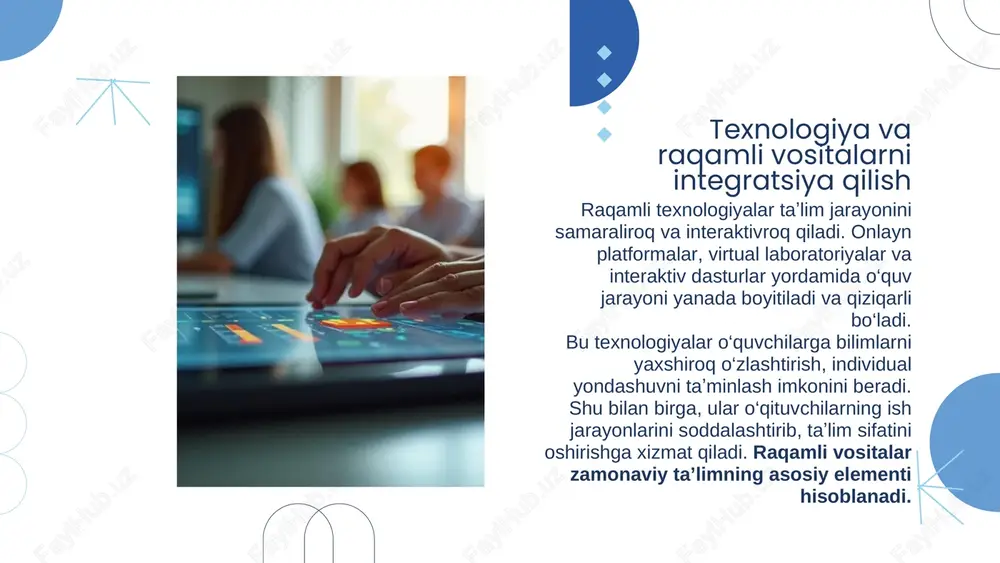 raqamli texnologiyalar, individual yondashuv va innovatsion metodlar taʼlim jarayonining asosiy unsuridir.shuningdek, o‘qituvchilarning kasbiy rivojlanishi va metodik qo‘llab-quvvatlash taʼlim jarayonining muvaffaqiyatli amalga oshirilishini kafolatlaydi. bu esa tizim barqarorligi va sifat ko‘rsatkichlarining doimiy yaxshilanishiga olib keladi. eʼtiboringiz uchun raxmat!