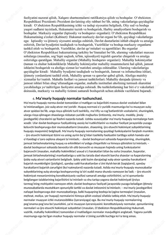 shqaruv faoliyatining asosiy ko‘rsatkichlarini va mazkur faoliyat jarayonida yuzaga keluvchi boshqaruvga doir munosabatlarni (masalan, shaxsning, ijro etuvchi hokimiyat subyektlarining huquqiy maqomini) belgilaydi. ma’muriy-huquqiy normalar deganda, davlat boshqaruvi sohasidagi hamda boshqaruv xususiyatiga ega bo‘lgan munosabatlarni, ijro etuvchi hokimiyat organlarining ichki tashkiliy sohadagi, qonun chiqaruvchi va sud hokimiyati organlari apparatlarining faoliyati hamda davlat xizmatini amalga oshirish sohasidagi munosabatlarni tartibga soluvchi huquqiy norma tushuniladi. 4. mahalliy hokimiyat organlari tushunchasi mahalliy hokimiyat organlari — bu ma’lum bir hududda davlat hokimiyatini amalga oshirish uchun tashkil etilgan va joylardagi ijtimoiy-iqtisodiy rivojlanishni boshqarish, fuqarolarning huquq va manfaatlarini himoya qilish bilan shug‘ullanuvchi davlat organlaridir. asosiy xususiyatlari: 1. hududiy faoliyat doirasi: mahalliy hokimiyat organlari faqat o‘zlariga tegishli ma’lum hudud (viloyat, tuman, shahar, qishloq) doirasida faoliyat yuritadi. 2. ijro etuvchi vakolatlar: ular mahalliy boshqaruv va davlat siyosatini amalga oshirish uchun ijro etuvchi vakolatga ega. 3. davlat va jamiyat o‘rtasidagi vositachi: ushbu organlar davlat siyosatini joylarda amalga oshirish bilan birga, mahalliy …