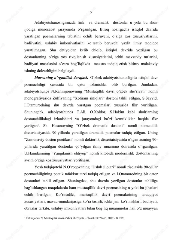arini, badiiyatini ilmiy asosda yoritib berish bitiruv malakaviy ishining asosiy maqsadini tashkil etadi. tadqiqotning vazifalari: · istiqlol davrida yaratilgan dostonlarning rivojlanish xususiyatlarini ochib berish; · xalq dostonchiligi uslubida yozilgan dostonlarning o’ziga xos jihatlarini yoritish; · lirik va dramatik doston tadrijini o’rganish; · tarixiy mavzudagi poemalarning o’ziga xos xususiyatlarini ochib berish; · davr dostonchiligida qo’llangan folklorizmlarning badiiy vazifalarini ochib berish; · dostonlarning o’ziga xos badiiy-kompozitsion xususiyatlarini o’rganish; · shoirlarimizning dostonchilikdagi badiiy mahoratini yoritish. tadqiqotning manbalari. bitiruv malakaviy ishni yozishda zulfiya, a.oripov, o.matjon, h.sharipov, m.ali, a.suyun, a.mahkam, i.otamurod, u.qo’chqor, t.nizom, e.shukur, y.eshbek, m.rahmon, sh. qurbon, r.fayz, a.eshonov, s.sayyid, q.rahimboyeva, m.toir, faxriyor, n.jonuzoq va boshqa shoirlarning mustaqillik davrida yaratgan dostonlari asos qilib olindi. lozim o’rinlarda xalq og’zaki ijodi namunalari va zamonaviy dostonlarga murojaat etildi. tadqiqotning ilmiy yangiligi. ma’lumki, istiqlol davrida yaratilgan dostonlarning o’ziga xos taraqqiyot xususiyatlari, poema janr tipologiyasidagi mazmun va sifat o’zgarishlari, badiiyati masalasi adabiyotshunosligimizda maxsus va monografik tarzda o’rganilgan edi. ushbu …