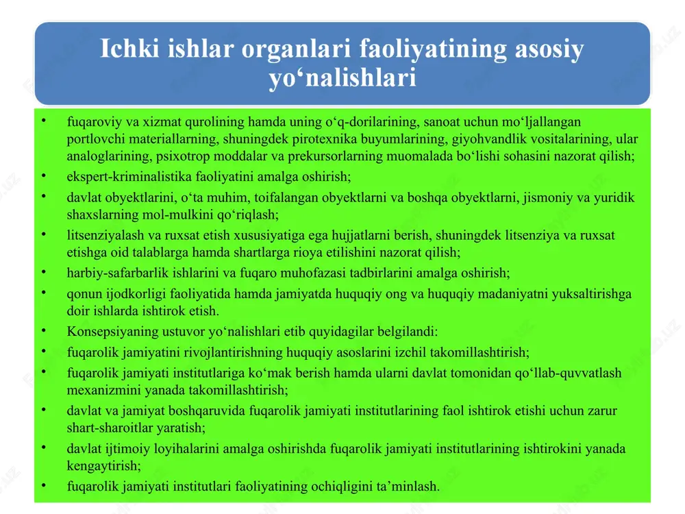 organlari va jamoat tuzilmalarining hamkorlikda ishlashini mahallalar kesimida tashkil etish bo‘yicha amalga oshiradigan tarkibiy tuzilmasi hisoblanadi. mahalla huquq-tartibot maskanlari o‘z faoliyatini quyidagi tarkibda amalga oshiradi: profilaktika katta inspektori, profilaktika inspektori, profilaktika inspektorining jamoat tartibini saqlash bo‘yicha yordamchisi (har kunlik asosda); mazkur hududda xizmatni o‘tash uchun biriktirilgan tuman (shahar) ichki ishlar organlarining xotin-qizlar masalalari bo‘yicha inspektori, probatsiya bo‘linmasi inspektori, tezkor vakil, patrul-post xizmati xodimlari; jamoat tartibini saqlash va huquqbuzarliklar profilaktikasiga ko‘maklashish uchun yuborilgan o‘zbekiston respublikasi milliy gvardiya bo‘linmasining va boshqa vakolatli davlat organlarining xodimlari, shuningdek jamoat tuzilmalarining vakillari. ichki ishlarga qabul ichki ishlar organlariga yoshi o‘n sakkizdan kichik va o‘ttizdan katta bo‘lmagan, shu jumladan, o‘ttiz yoshdagi ham, o‘zbekiston fuqarolari yo‘riqnomada belgilangan tanlov asosida qabul qilinadi bunda, o'g'il bolalar bo'yi 165 sm.dan, qiz bolalar (ayollar) bo'yi 160 sm.dan past bo'lmasligi (ayrim bo'linmalar va lavozimlar uchun nomzodlarga maxsus biometrik parametrlar o'zbekiston respublikasi ichki ishlar vaziri tomonidan belgilangan ro'yxat asosida o'rnatiladi), o'g'il bolalar o'zbekiston …