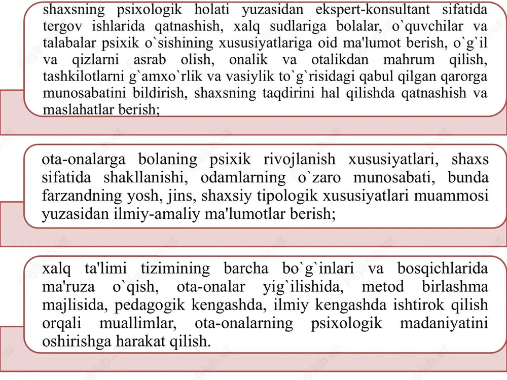 mdir. u o'zining kasbiy imkoniyatlarini aniq bilishi va faqat kasbiy tayyorgarlik darajasida harakat qilishi kerak. psixodiagnostika usullarini, korreksiya, rivojlanish, maslahat dasturlarini qo'llashda psixolog ularning nazariy asoslarini bilishi va ularni amalga oshirish texnologiyasini yaxshi o'zlashtirishi kerak. yetuk va malakali psixologik yordamni tashkil qilish uchun u hamkasblari va turdosh mutaxassisliklar vakillari – psixiatrlar, psixoterapevtlar, psixonevrologlar, neyropsixologlar bilan aloqa o'rnatishi va hamkorlikda ish olib borishi kerak. malakali psixolog uchun mijozga: "yo'q, men bu muammo ustida ishlamayman, boshqa mutaxassisga murojaat qilganingiz ma'qul" degan javobi uning kasbiy kompetentsizligining belgisi emas. faqat yetarlicha malakaga ega bo’lmagan psixolog cheklovlarsiz ishlaydi, zarur tayyorgarliksiz har qanday muammoni o'z zimmasiga oladi, har qanday savolga javob berishga intiladi. kasbiy kompetentsiya tamoyili psixologdan faqat o'zi kasbiy-professional darajada biladigan va hal qilish uchun amaliy ish usullariga ega bo'lgan masalalarni hal qilishni talab qiladi. shu munosabat bilan, psixolog mijoz tomonidan qo'yilgan savollar sohasidagi haqiqiy imkoniyatlari, uning vakolatlari chegaralari haqida uni xabardor qilishi kerak. psixolog …
