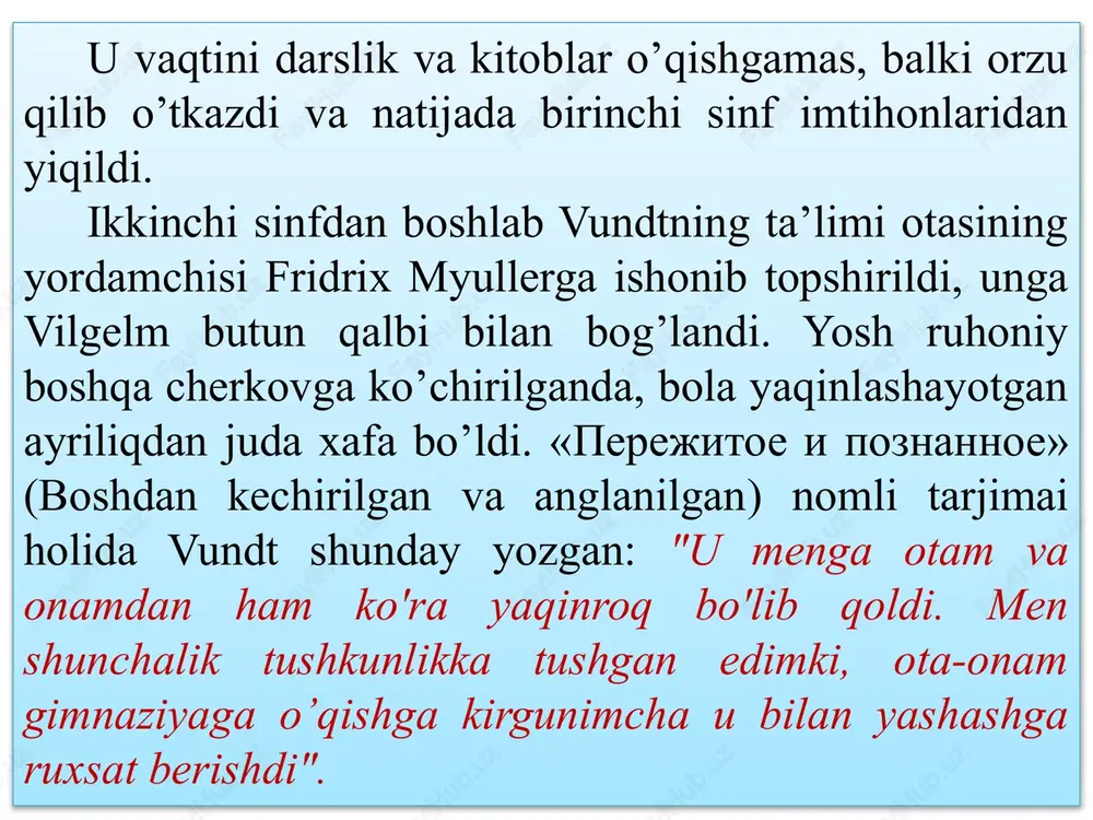 iya psixologik institutga aylandi. shunday qilib, leypsig laboratoriyasi zamonaviy psixologiyaning rivojlanishiga katta ta’sir ko’rsatdi - bu yangi tajriba markazlarini yaratish uchun namuna bo’lib xizmat qildi. 14 vundtning sobiq talabalari italiya, rossiya va yaponiyada ham laboratoriyalar tashlik qildilar. vundtning aksariyat asarlari rus tiliga tarjima qilingan. vundt ishlaridan ilxomlanib, rus psixologlari 1912 yilda moskvada xuddi vundtning laboratoriyasi nusxasini tashkil qilishdi. yana shunday laboratoriya yaponiyalik olimlar tomonidan vundt vafot etgan 1920 yilda tokio universitetida qurilgan, lekin 60-yillarda bu laboratoriya talabalar tartibsizligi paytida yonib ketgan. leypsigga kelgan talabalarni birlashtirgan narsa umumiy qarashlar va maqsadlar edi. vundt kamtarin, tartibli hayot kechirdi. vundtning leypsigdagi ma’ruzalari juda mashhur edi. har bir ma’ruzada olti yuzdan ortiq talaba yig’ilar edi. biroq, u ommaviy chiqishlarni yoqtirmasdi va shunchaki biron bir kongressda qatnashishdan qochardi. 15 shaxsiy hayotda vundt xotirjam va oddiy odam edi, uning kunlari qat’iy tartibda o’tdi. ertalab vundt kitob yoki maqola ustida ishlardi, talabalar maqolalarini o’qirdi, jurnalini tahrir qilardi. …