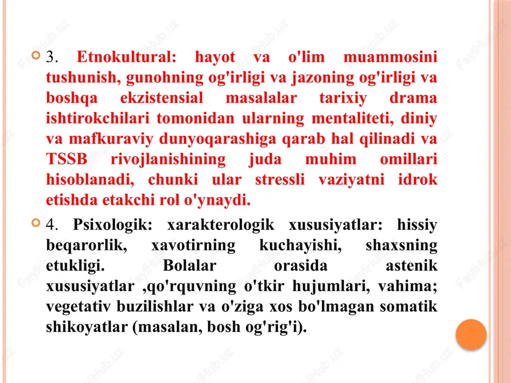 an tashqari asabiylashish va jahldorlikni yo'q qilish istagini qayd etadilar. ongda ular xayoliy suiiste'molchilarni jazolash rasmlari, janjallar, jismoniy kuch ishlatish bilan tortishuvlar ko'rinishidagi tajovuzkor tarkibning g'oyalarini eslashadi, bu esa bemorlarni qo'rqitadi va boshqalar bilan aloqalarini minimal darajaga tushirishga majbur qiladi.ko'pincha ular o'zlarini nazorat qila olmaydilar va boshqalarning izohlariga zo'ravon reaktsiyalar berishadi, keyinchalik ular pushaymon bo'lishadi. shu bilan birga, psixotravmatik vaziyatlar epizodlari beixtiyor sahnaga o'xshash xarakterga ega. bemorlarning o'zlari faol ishtirok etgan zo'ravonlik sahnalari tez-tez uchraydi.tashqi tomondan, bemorlar g'amgin, norozilik va asabiylashish bilan yuz ifodalari, xatti-harakatlar to'siq bilan ajralib turadi. qochish xatti-harakatlari, izolyatsiya, so'zsizlik odatiy holdir. ular faol ravishda shikoyat qilmaydilar va yaqinlari yoki hamkasblari tomonidan qayd etilgan xatti-harakatlarning buzilishi tufayli mutaxassislarning e'tiboriga tushadilar. somatoform turi bu yurak, oshqozon-ichak trakti va bosh sohasidagi yoqimsiz tana sezgilarining imtiyozli lokalizatsiyasi bilan massiv somatoform kasalliklar bilan tavsiflanadi. ushbu kasalliklar psixovegetativ paroksismalar bilan birlashtirilgan. klassik tssb belgilari ushbu bemorlarda psixotravmatik hodisadan 6 oy o'tgach paydo …