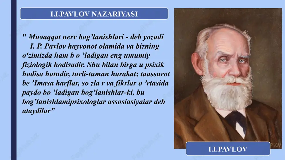 shini aynan avtib berishga qaratilgan bo’iishi mumkin. agar ma’lumot, axborot, xabar, material ma’no jihatidan qayta ishlanmasa, u holda materialni so’zmaso’z o’zlashtirish, mantiqiy o’rganish bo’lmasdan, balki aksincha mexanik esda olib qolishga aylanib qoladi. so’z-mantiq xotirasining vujudga kelishida birinchi signal bilan bir qatorda ikkinchi signallar tizimi asosiy hisoblanadi. chunki so’z mantiq xotirasi faqat insongagina xos bo’lgan xotiraning maxsus turi hisoblanib, bu xotira turi o’zining sodda shakllari bilan hayvonlarga ham taalluqli bo’lgan harakat, his-tuyg’u va obrazli xotiralardan sifat, ham miqdor jihatdan keskin farq qiladi. xotira jarayonlari xotira faoliyati esda qoldirishdan boshlanadi. esda qoldirish idrok qilingan narsa va hodisalami miya po’stida iz hosil qilishdir. uning fiziologik asosi miya po’stida muvaqqat nerv bog’lanishining vujudga kelishidir. esda qoldirish o’zining faolligi jihatidan ikkiga bo’linadi: a) ixtiyoriy esda qoldirish; ixtiyorsiz esda qoldirishda oldindan maqsad quyilmaydi, mavzu tanlanmaydi va iroda kuchi sarfianmaydi. o’zining go’zalligi, hissiy ta’sirchanligi, hajmi, harakatchanligi, teziigi, shakli va boshqa xossalari bilan farq qiladigan narsa va hodisalar …
