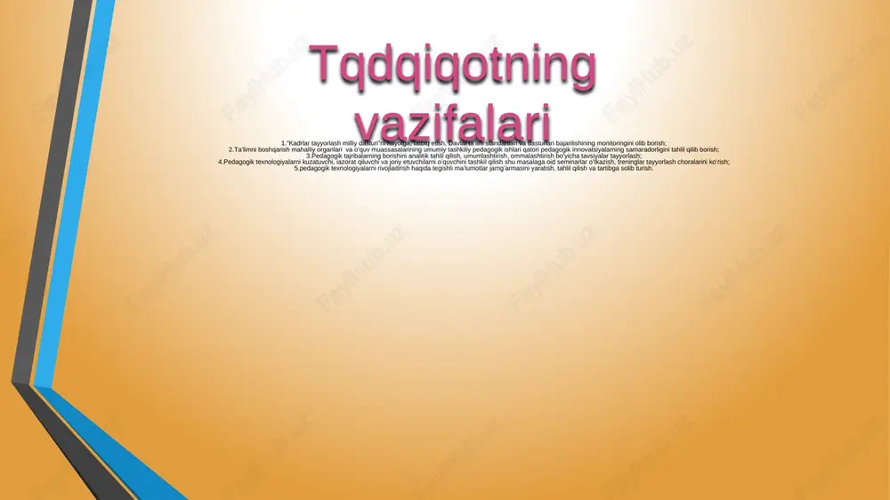 rot tuzilmasini ishlab chiqish va uni o’quv unsurlari tizimi ko’rinishida ifodalash; 3.o’quvchilarning o’quv unsurlarini o’zlashtirish darajalarini avvaldan belgilash; 4.o’quvchilarning dastlabki bilim darajasini aniqlash ( bu ko’rsatkich o’quv predmetining mazmuni asoslanadigan o’quv materialini o’zlashtirganlik darajasidan kelib chiqadi); 5.moddiy baza hamda ta’limning tashkiliy shakllariga qo’yilgan chegaralarni belgilash. interfaol metodlar bosqichlari chaqiriq bosqichi. fikriy hujum anglash bosqichi bu bosqichda tahsil oluvchilarni faollashtirish, mavzuining mazmun-mohiyatiga kirib borish, uni anglab etish jarayoniga tayyorlash maqsadi ko’zda tutiladi. bu usul darsning boshlanishida yoki istalgan joyida qo’llanilishi mumkin. bu bosqichda muammo tahsil oluvchilarga fikriy hujum yo’li bilan beriladi va ularning fikrlari orqali olinadi mavzuga oid hulosaviy fikrlar eshitiladi va o’qituvchi tomonidan yangi fikrlar tomonidan to’ldiriladi. tahsil oluvchilarni guruhlarga bo’lib ishlash uchun quyidagi talablarga amal qilish zarur: 1. guruhlarga ajratish o’qituvchi tomonidan amalga oshiriladi. 2. har bir guruhga rahbar tayinlanadi. 3. har bir guruhdagi tahsil oluvchilar bilim darajasining teng bo’lishiga erishish kerak. 4. guruh doira shaklida o’tirishi lozim. 5. …