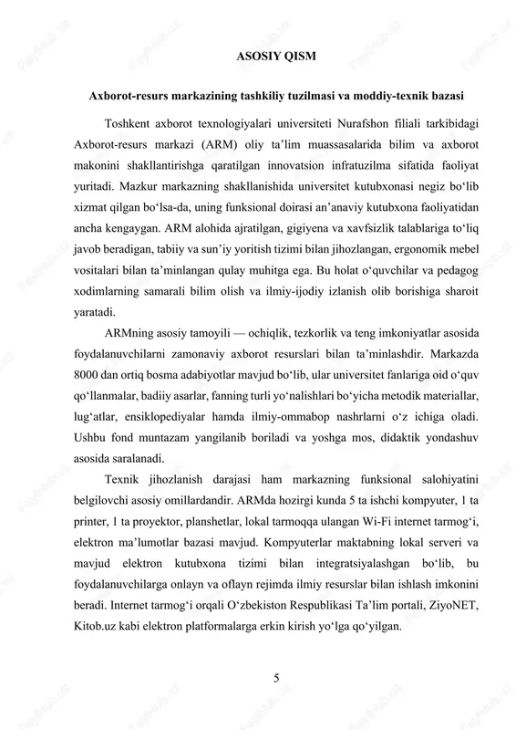 “kitobxonlik haftaligi”, “o‘qish – ma’naviyat poydevori”, “eng faol kitobxon”, “hayot uchun o‘qish”, “adiblar va asarlar” kabi badiiy-ma’rifiy tadbirlar tashkil etiladi. ushbu faoliyatlar talabalaring kitobga bo‘lgan qiziqishini kuchaytirish, estetik didini rivojlantirish, adabiy mulohaza qilish va tanqidiy fikrlash ko‘nikmalarini shakllantirishga xizmat qiladi. ayniqsa, ota-onalar ishtirokidagi tadbirlar orqali universitet–oila–jamoat hamkorligining mustahkamlanishi ta’minlanmoqda. uchinchi yo‘nalish — raqamli savodxonlikni shakllantirish bo‘lib, bu ta’lim tizimining raqamli transformatsiyasi doirasida strategik ahamiyat kasb etadi. arm o‘quvchilarga elektron axborot resurslari bilan ishlash, onlayn ma’lumotlar bazalarida qidiruv olib borish, raqamli manbalarni tahlil qilish va ularni taqdimot qilish ko‘nikmalarini o‘rgatish bo‘yicha maxsus mashg‘ulotlar o‘tkazadi. bunday mashg‘ulotlar “mediasavodxonlik asoslari”, “raqamli izlanish”, “ilmiy manbalarni tahlil qilish usullari” kabi mavzularda o‘tkazilib, yoshlarning informatsion tafakkurini kengaytirishga xizmat qilmoqda. markazning kundalik faoliyatida o‘rtacha 70–90 nafar foydalanuvchi xizmatdan foydalanadi. universitet talabalari, ayniqsa, fan olimpiadalariga, tanlov va test imtihonlariga tayyorgarlik ko‘rish jarayonida armning kutubxona fondi va elektron axborot bazalaridan faol foydalanadi. shu bilan birga, pedagoglar dars ishlanmalari yaratish, …