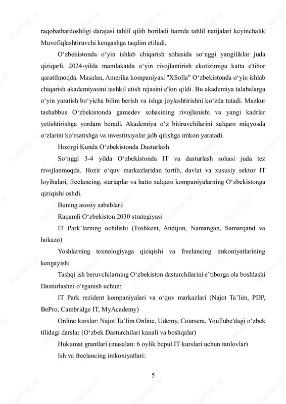 obil ilovalarning bugungi kundagi o‘rni va galereya ilovalarining asosiy funksiyalari so‘nggi yillarda texnologik taraqqiyot shiddat bilan rivojlanib bormoqda. ayniqsa, mobil qurilmalarning kundalik hayotdagi ahamiyati ortib borayotgan bir paytda, ularga mos dasturiy ta'minot – ya’ni mobil ilovalar soni ham sezilarli darajada oshmoqda. har bir inson o‘zining shaxsiy ehtiyojlarini qondirish maqsadida mobil ilovalardan faol foydalanmoqda. aloqa, axborot almashinuvi, kundalik vazifalarni bajarish, eslatmalar, moliyaviy nazorat, sog‘liqni kuzatish, ovqatlanish tartibi, sport va, albatta, media-fayllar bilan ishlash shular jumlasidandir. media bilan ishlash deganda, foydalanuvchilarning eng ko‘p uchraydigan ehtiyojlaridan biri – galereya ilovalari orqali suratlarni boshqarish tushuniladi. har bir smartfon foydalanuvchisi kun davomida o‘nlab suratlar oladi, ularni saqlaydi, o‘chiradi yoki boshqa birovlar bilan bo‘lishadi. shu bois, zamonaviy mobil ilovalarning foydalanuvchi ehtiyojlarini to‘liq qondira oladigan, sodda va xavfsiz ishlovchi galereya dasturlari zarurati kundan kunga oshib bormoqda. 8 1.1-rasm zamonaviy foydalanuvchilar uchun media-fayllar bilan ishlash eng ko‘p uchraydigan ehtiyojlardan biridir. ayniqsa, har bir smartfon foydalanuvchisi o‘z qurilmasida suratlar, …
